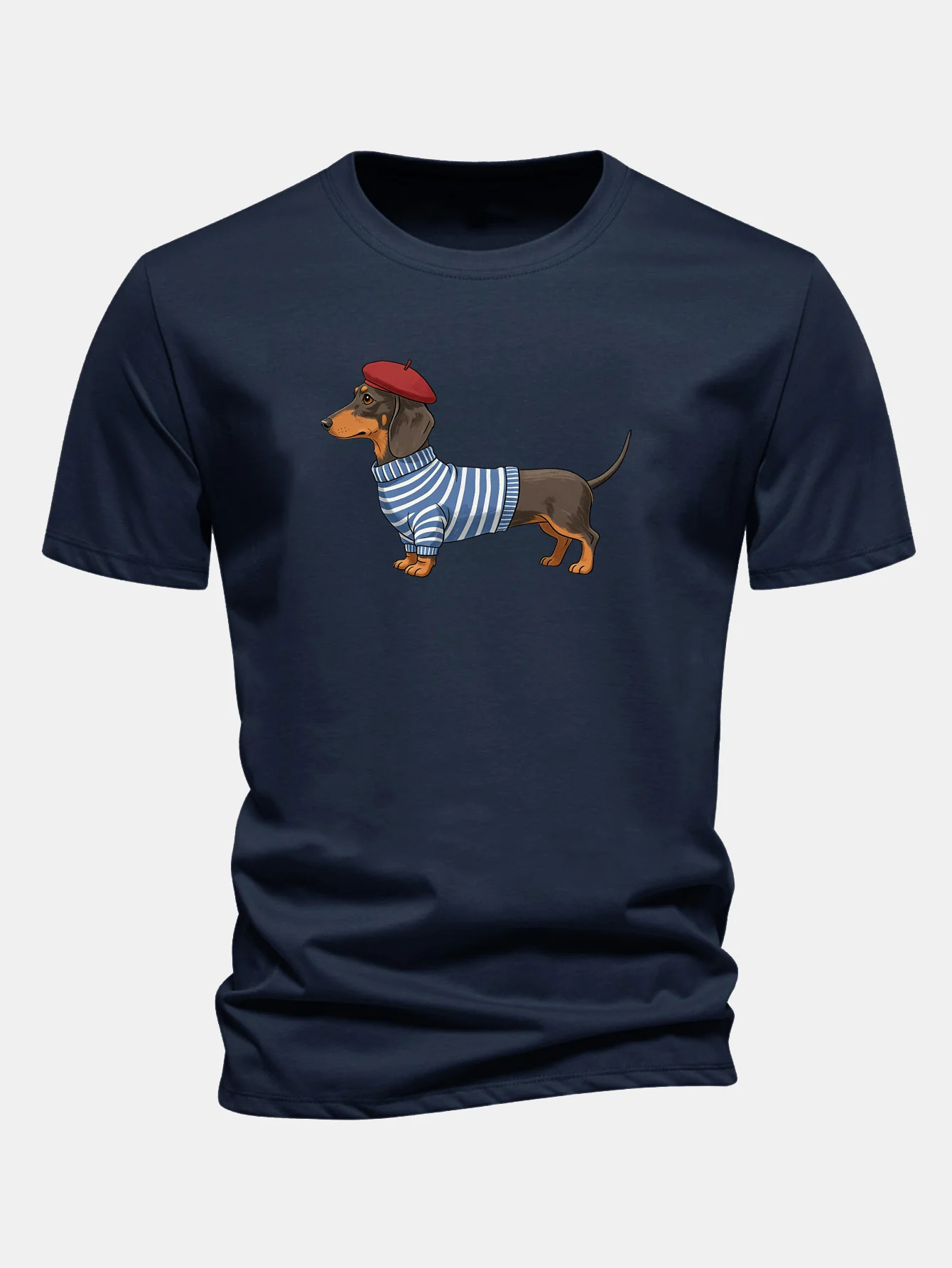 Regular Fit Dachshund Wearing Striped Sweater Print Cotton T-Shirt - Image 6