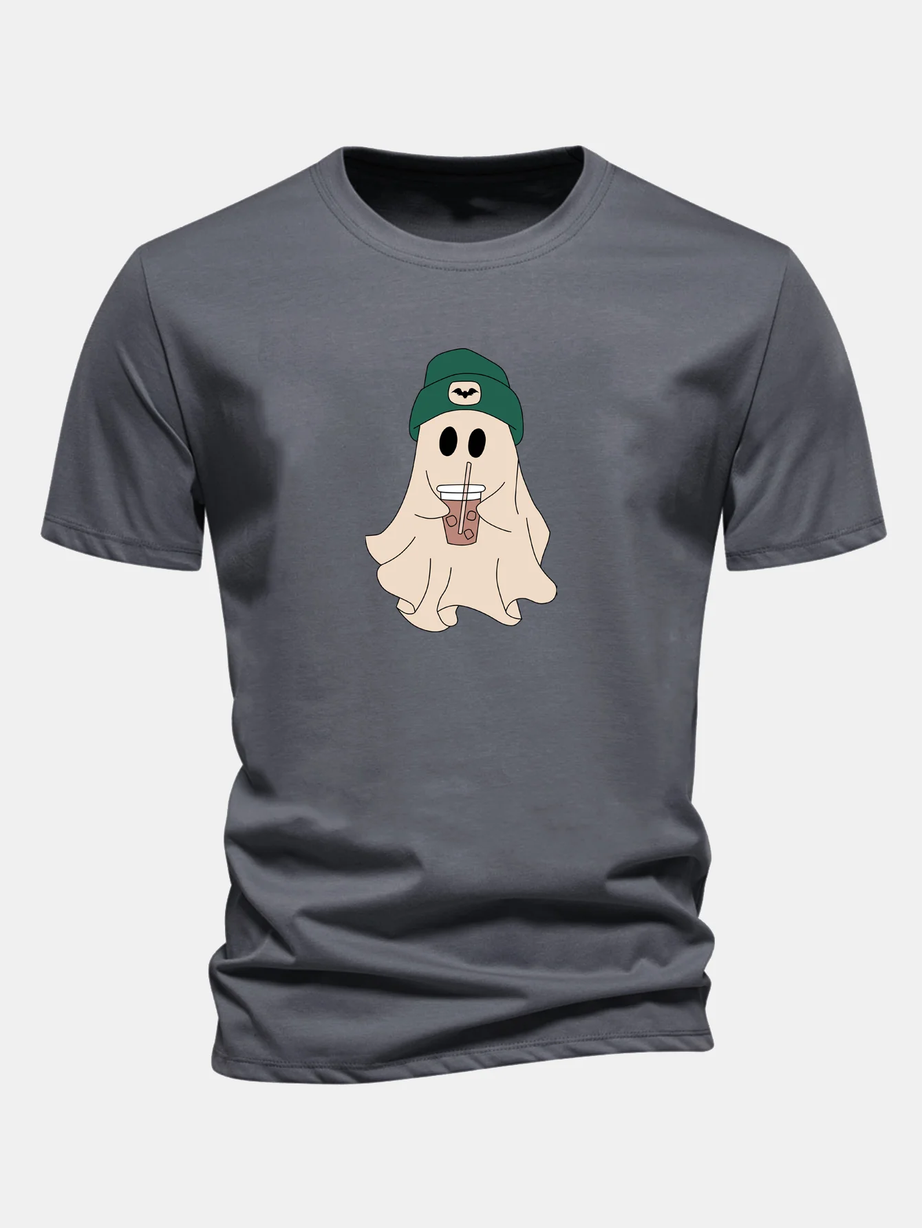 Regular Fit Darkgreen Hat Ghost Print Cotton T-Shirt - Image 11