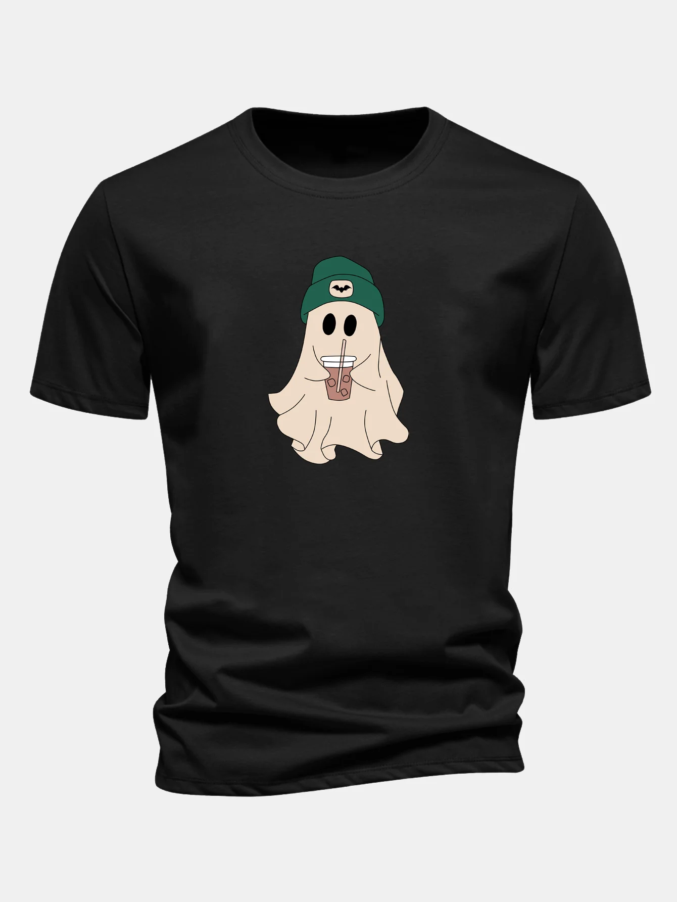 Regular Fit Darkgreen Hat Ghost Print Cotton T-Shirt - Image 2