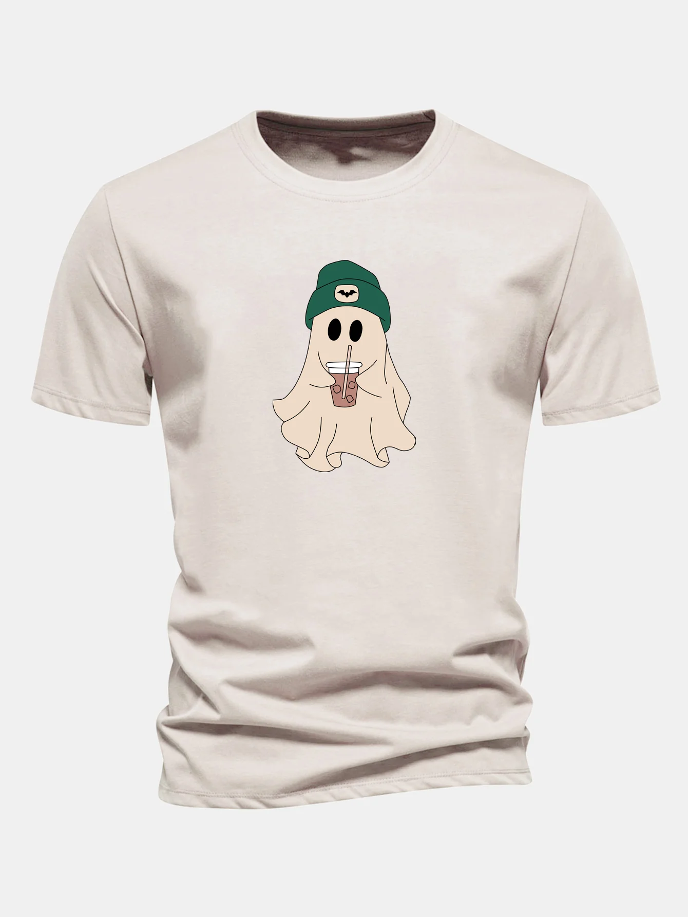 Regular Fit Darkgreen Hat Ghost Print Cotton T-Shirt - Image 3