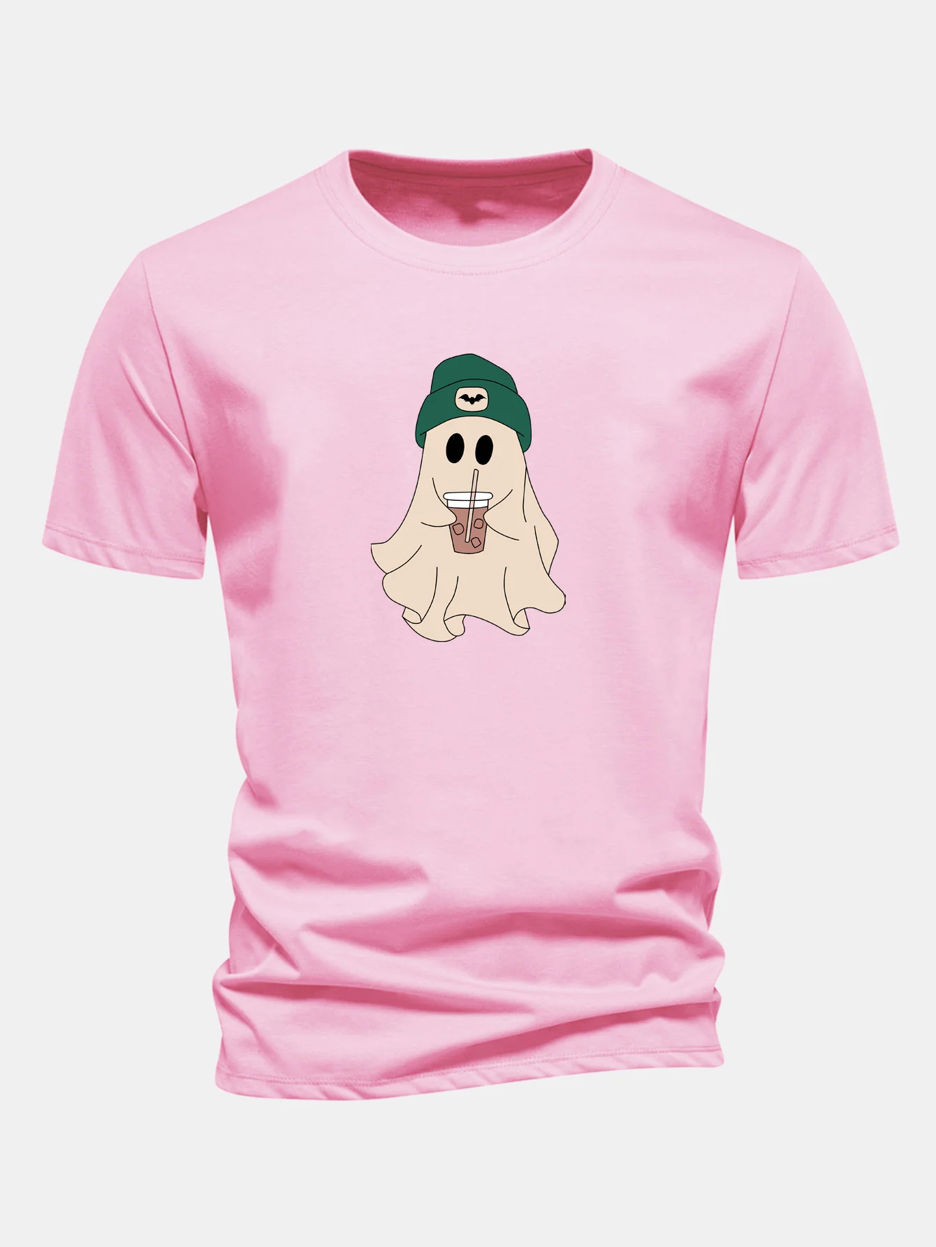 Regular Fit Darkgreen Hat Ghost Print Cotton T-Shirt - Image 4