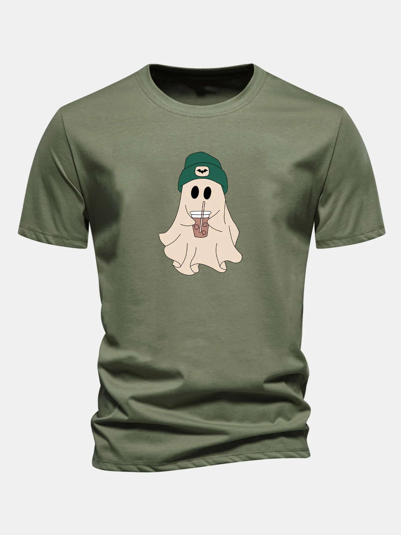 Regular Fit Darkgreen Hat Ghost Print Cotton T-Shirt - Image 5