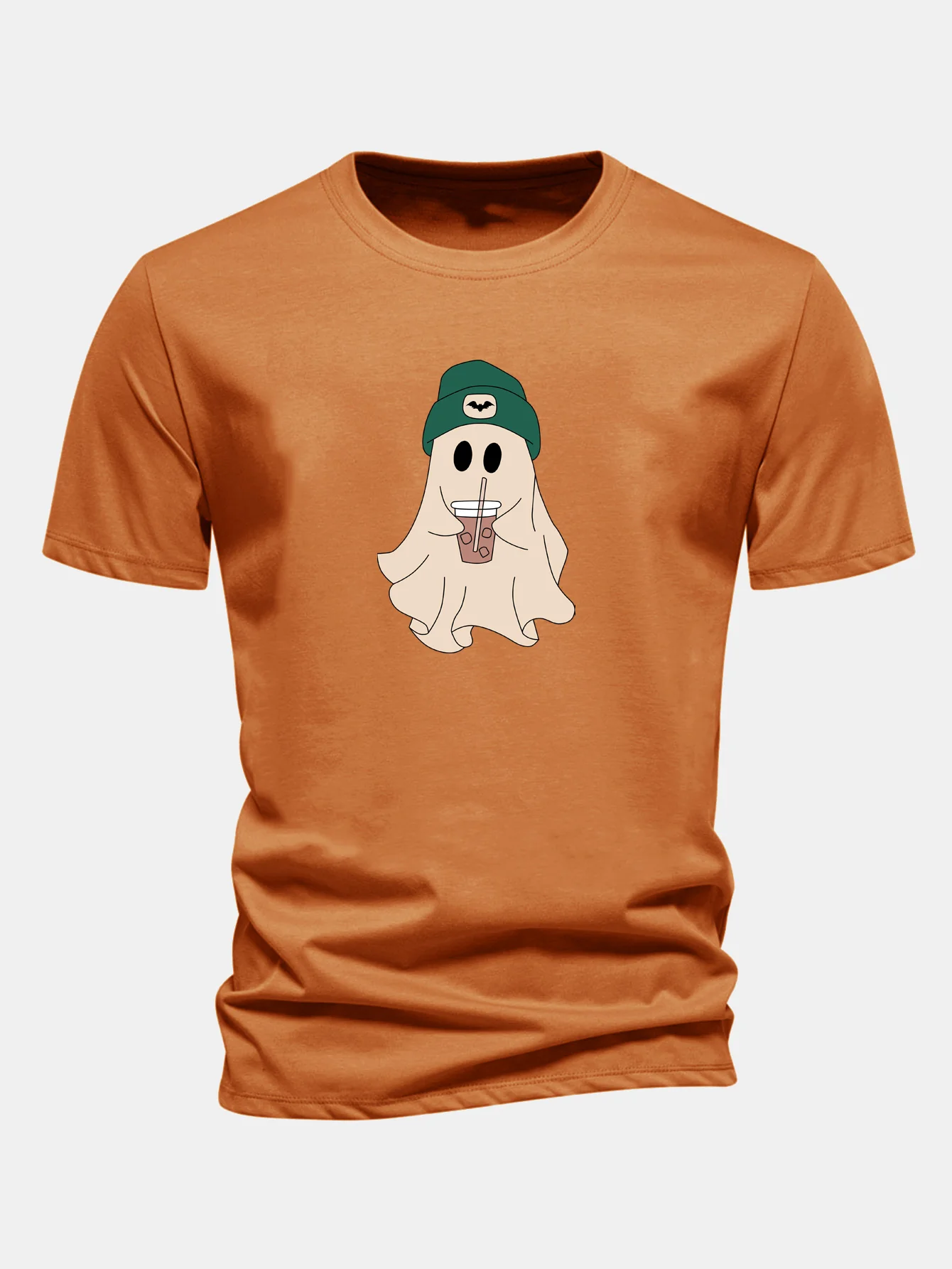 Regular Fit Darkgreen Hat Ghost Print Cotton T-Shirt - Image 6