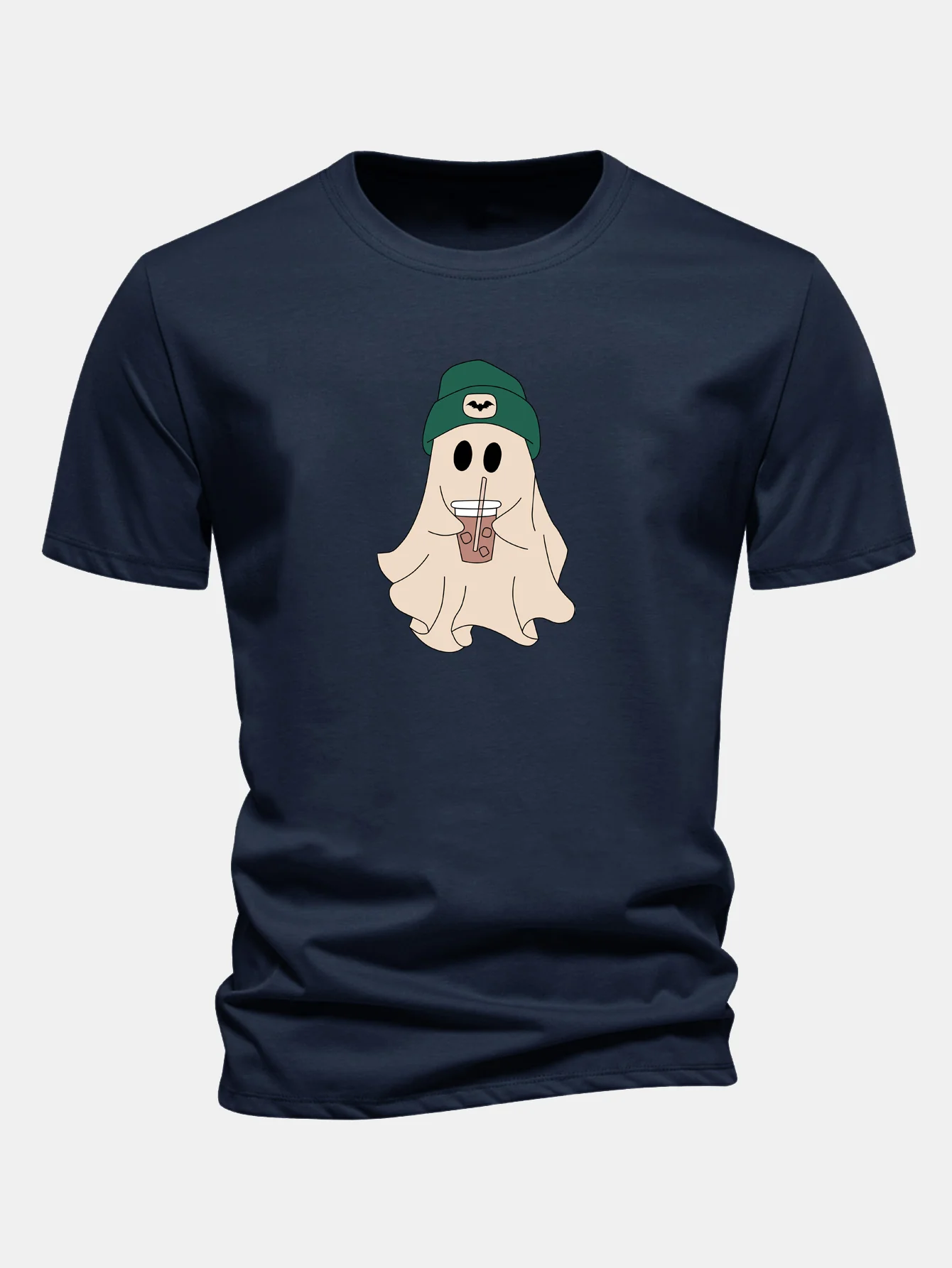 Regular Fit Darkgreen Hat Ghost Print Cotton T-Shirt - Image 7