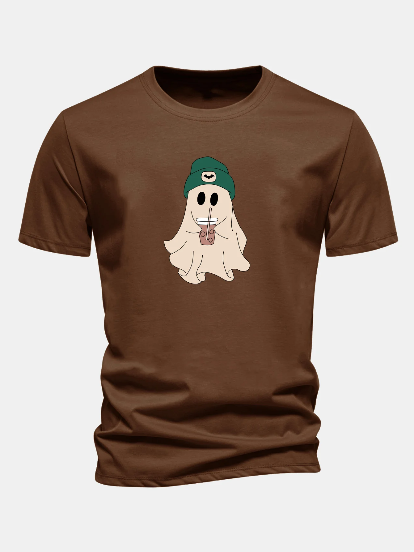 Regular Fit Darkgreen Hat Ghost Print Cotton T-Shirt - Image 8
