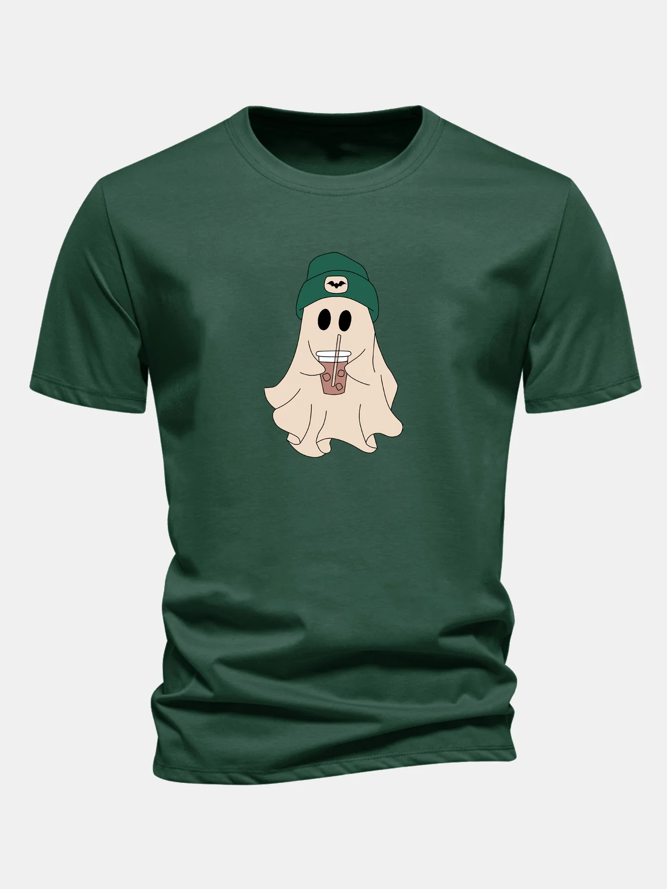 Regular Fit Darkgreen Hat Ghost Print Cotton T-Shirt - Image 9