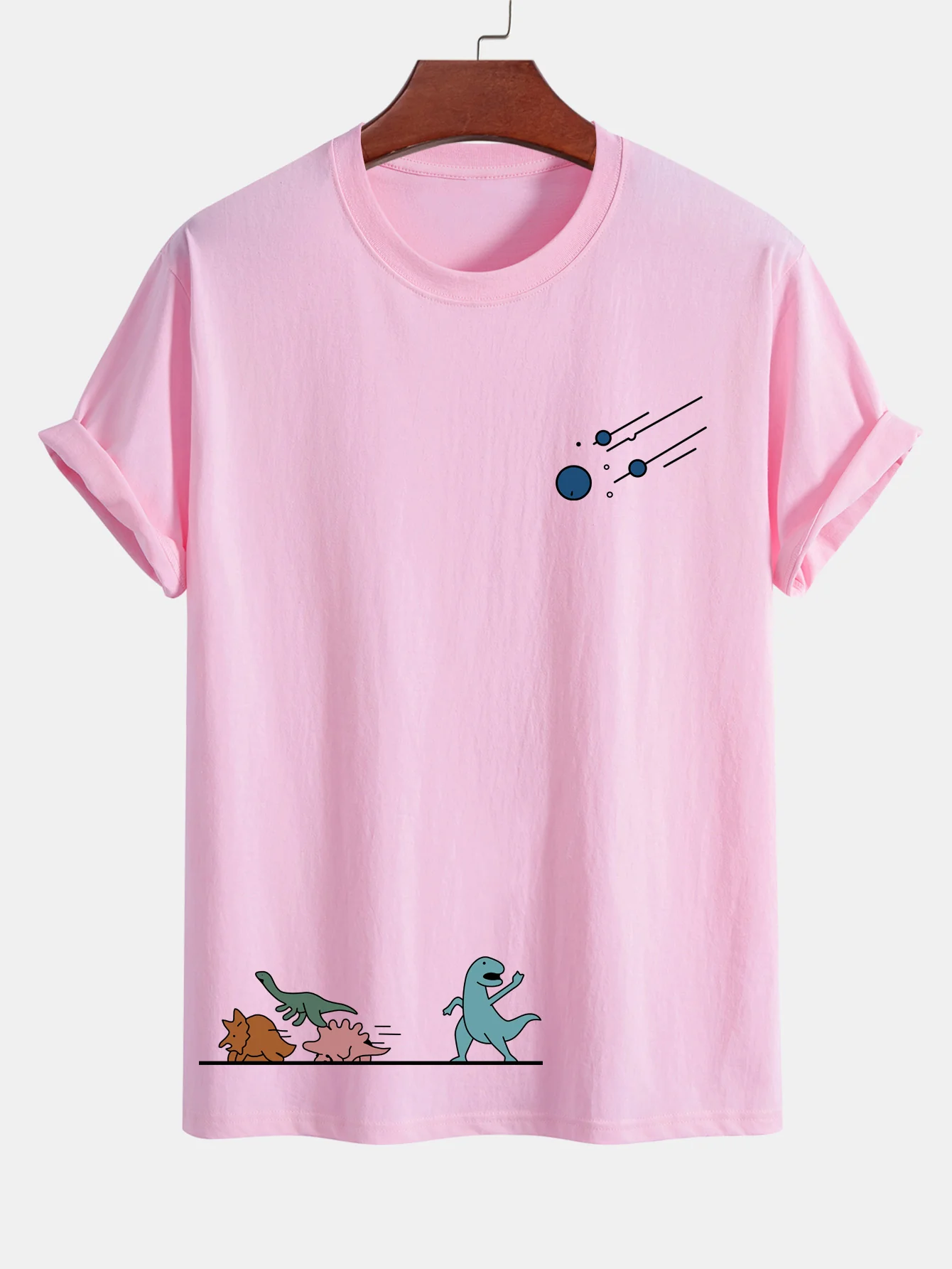 Reguläre Passform Dinosaurier Vermeiden Meteoriten Druck Baumwoll T-Shirt