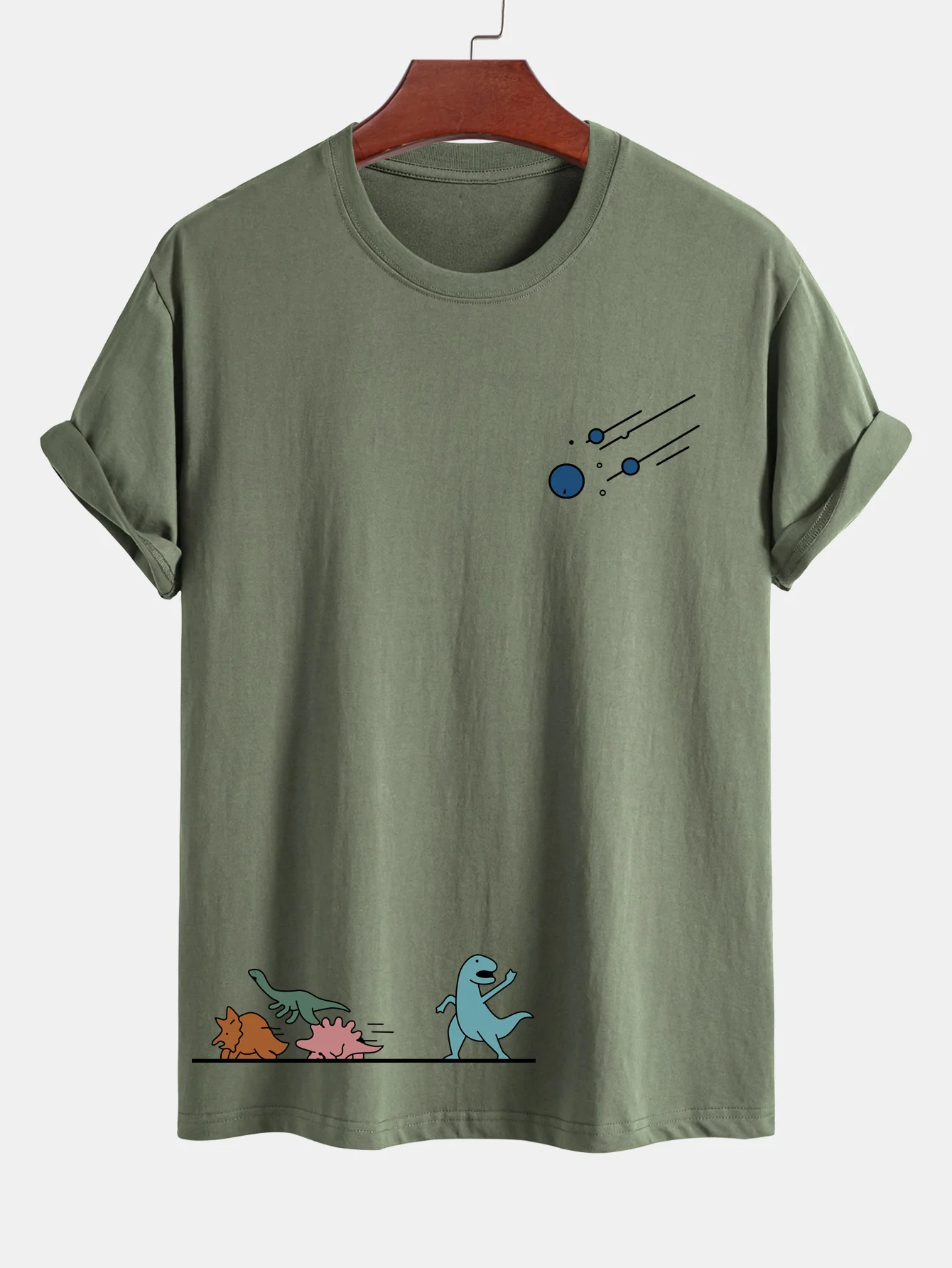 Reguläre Passform Dinosaurier Vermeiden Meteoriten Druck Baumwoll T-Shirt - Image 13