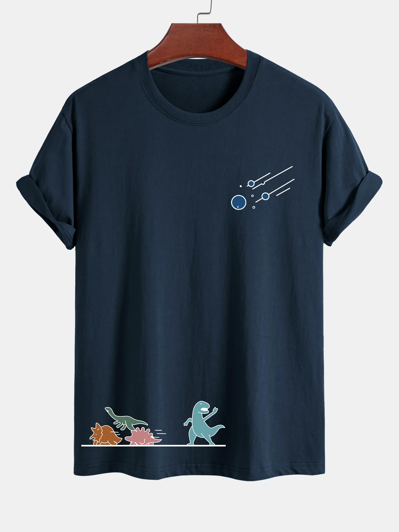 Reguläre Passform Dinosaurier Vermeiden Meteoriten Druck Baumwoll T-Shirt - Image 16