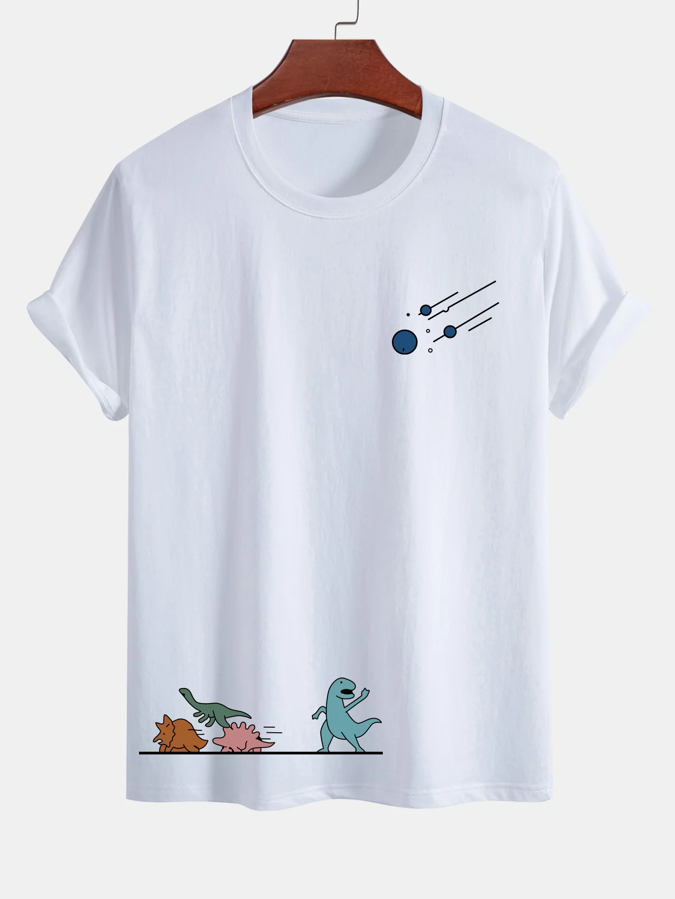 Reguläre Passform Dinosaurier Vermeiden Meteoriten Druck Baumwoll T-Shirt - Image 3
