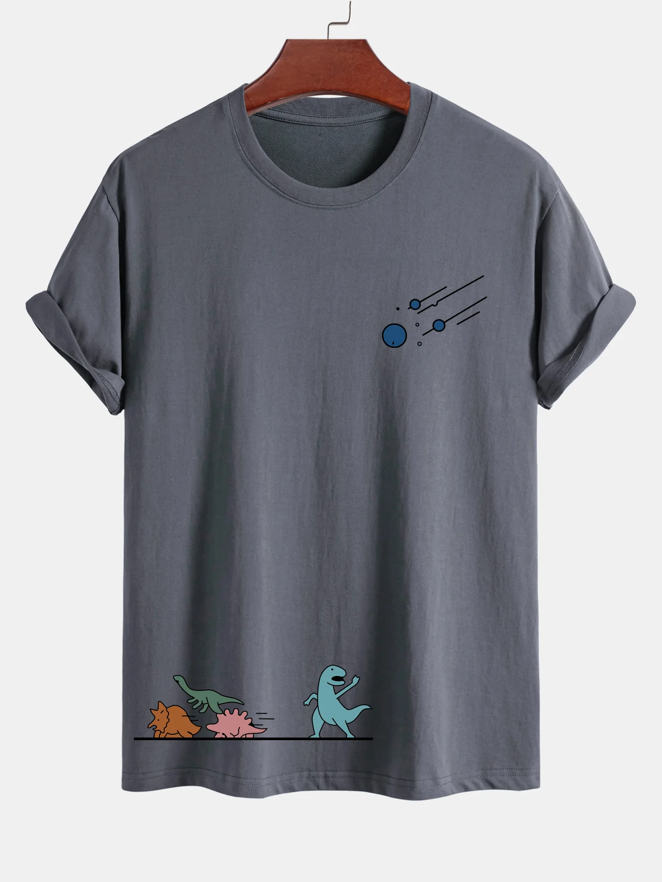Reguläre Passform Dinosaurier Vermeiden Meteoriten Druck Baumwoll T-Shirt - Image 7