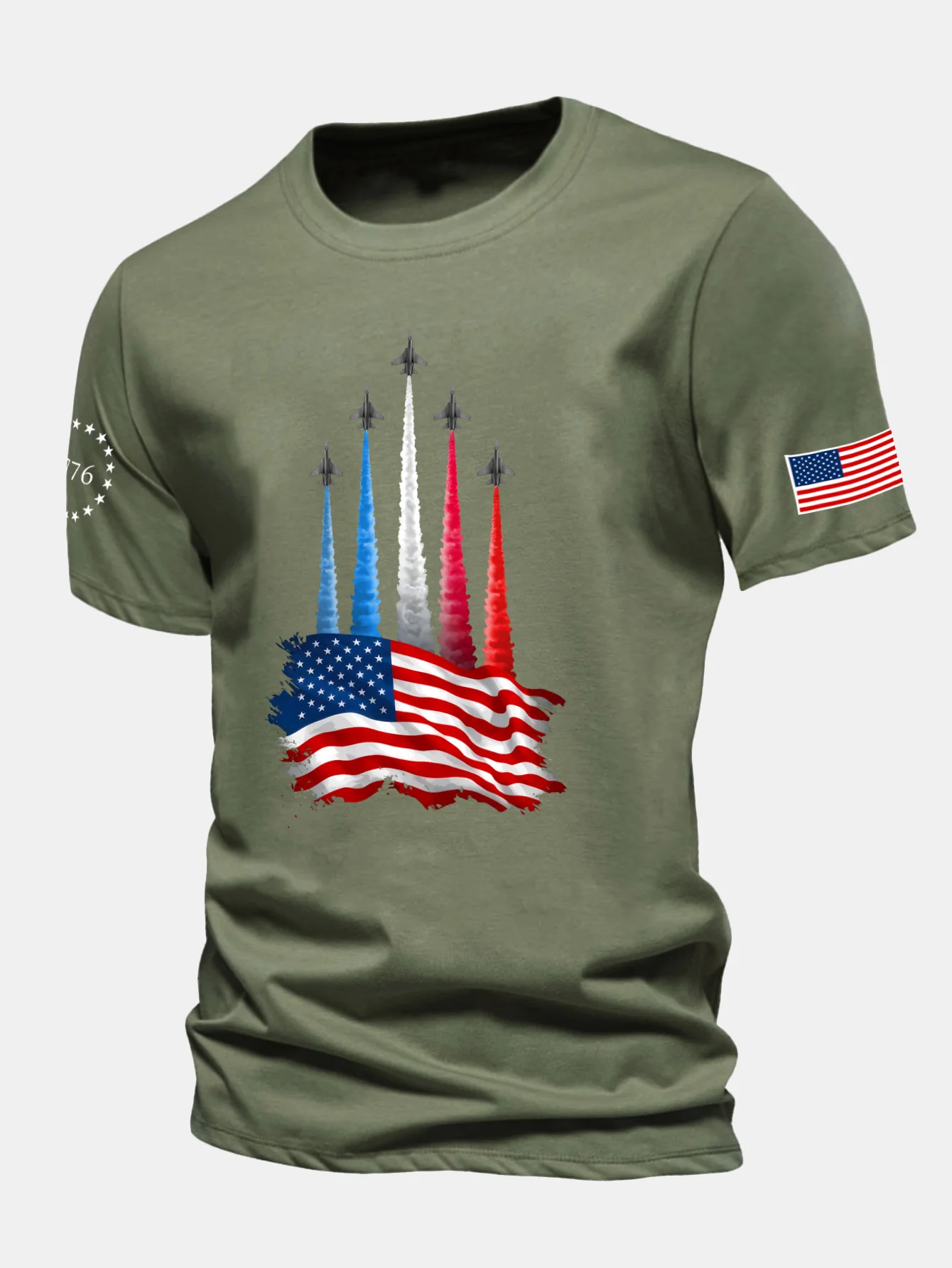 Regular Fit T-Shirt mit Kampfflugzeugen und USA-Flaggen-Print aus Baumwolle - Image 10