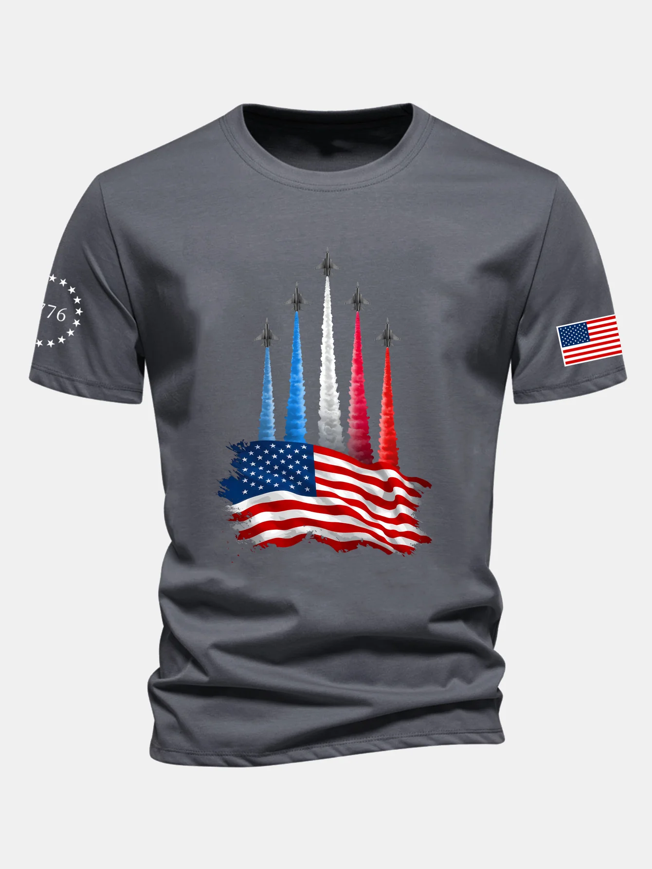 Regular Fit T-Shirt mit Kampfflugzeugen und USA-Flaggen-Print aus Baumwolle - Image 7