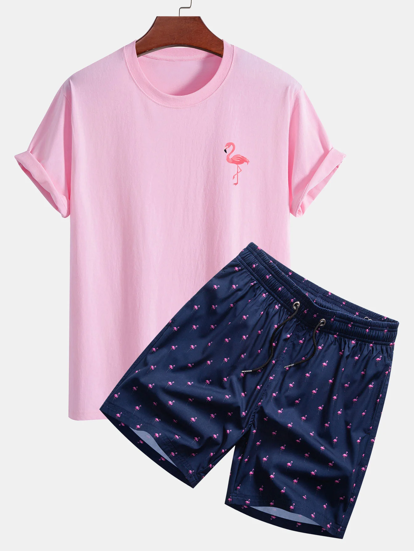 Regular Fit Flamingo Print Baumwoll-T-Shirt & Flamingo Print Kordelzug Swim Shorts