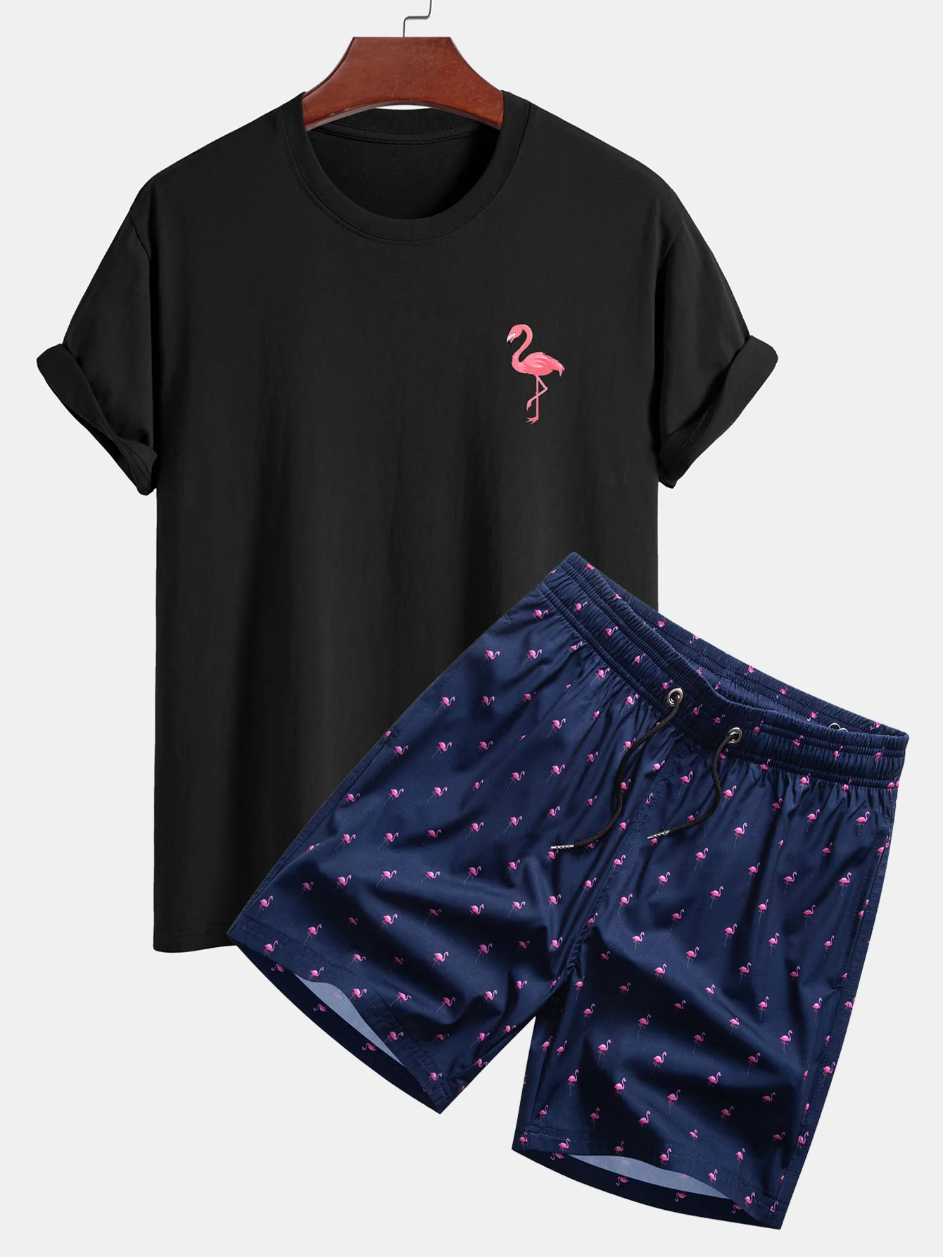 Regular Fit Flamingo Print Baumwoll-T-Shirt & Flamingo Print Kordelzug Swim Shorts - Image 2