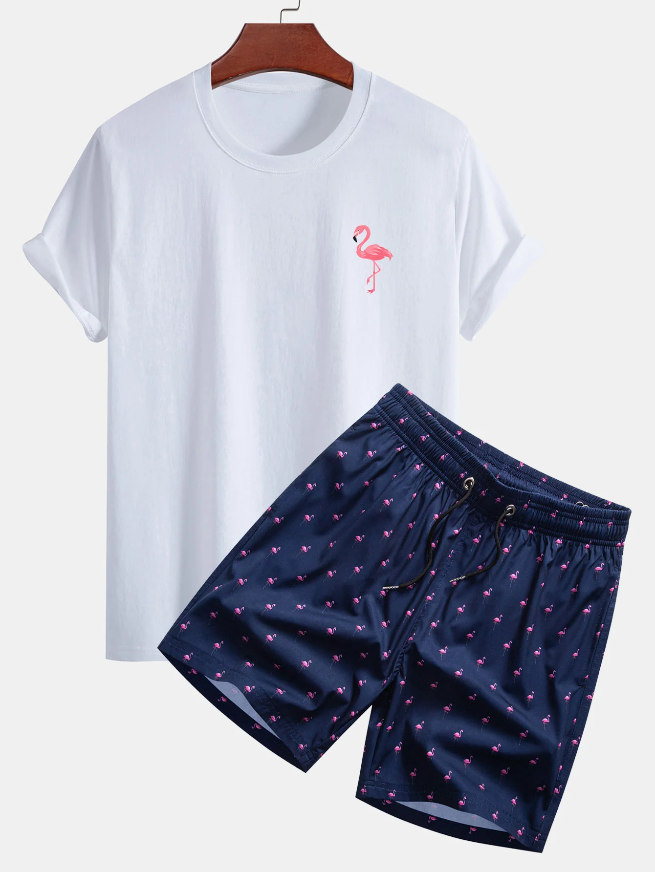 Regular Fit Flamingo Print Baumwoll-T-Shirt & Flamingo Print Kordelzug Swim Shorts - Image 3