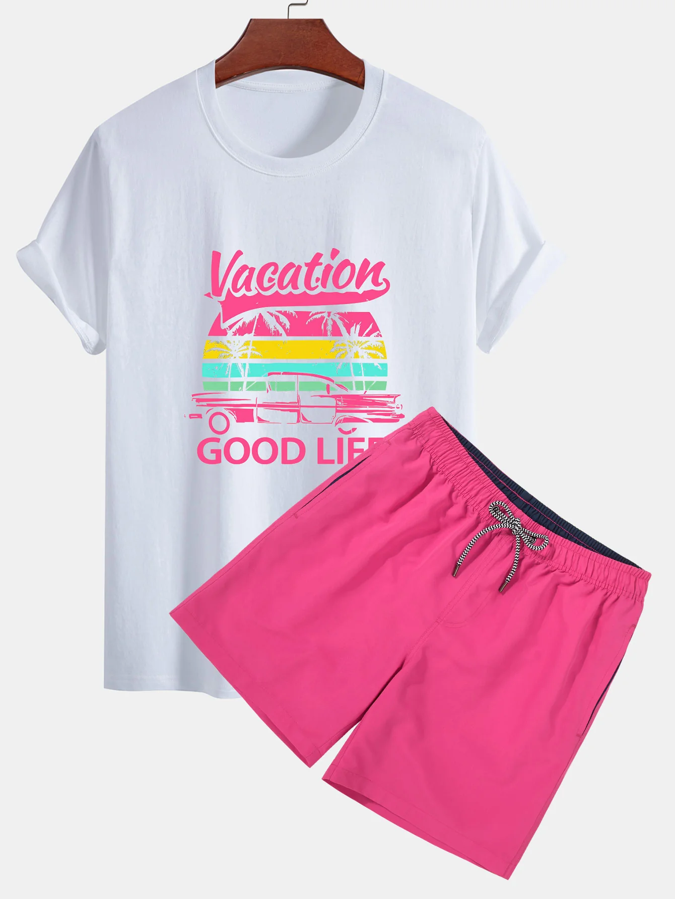 Regular Fit Good Life On Vacation Print Baumwoll-T-Shirt & Badehose mit kontrastierendem Bund - Image 2