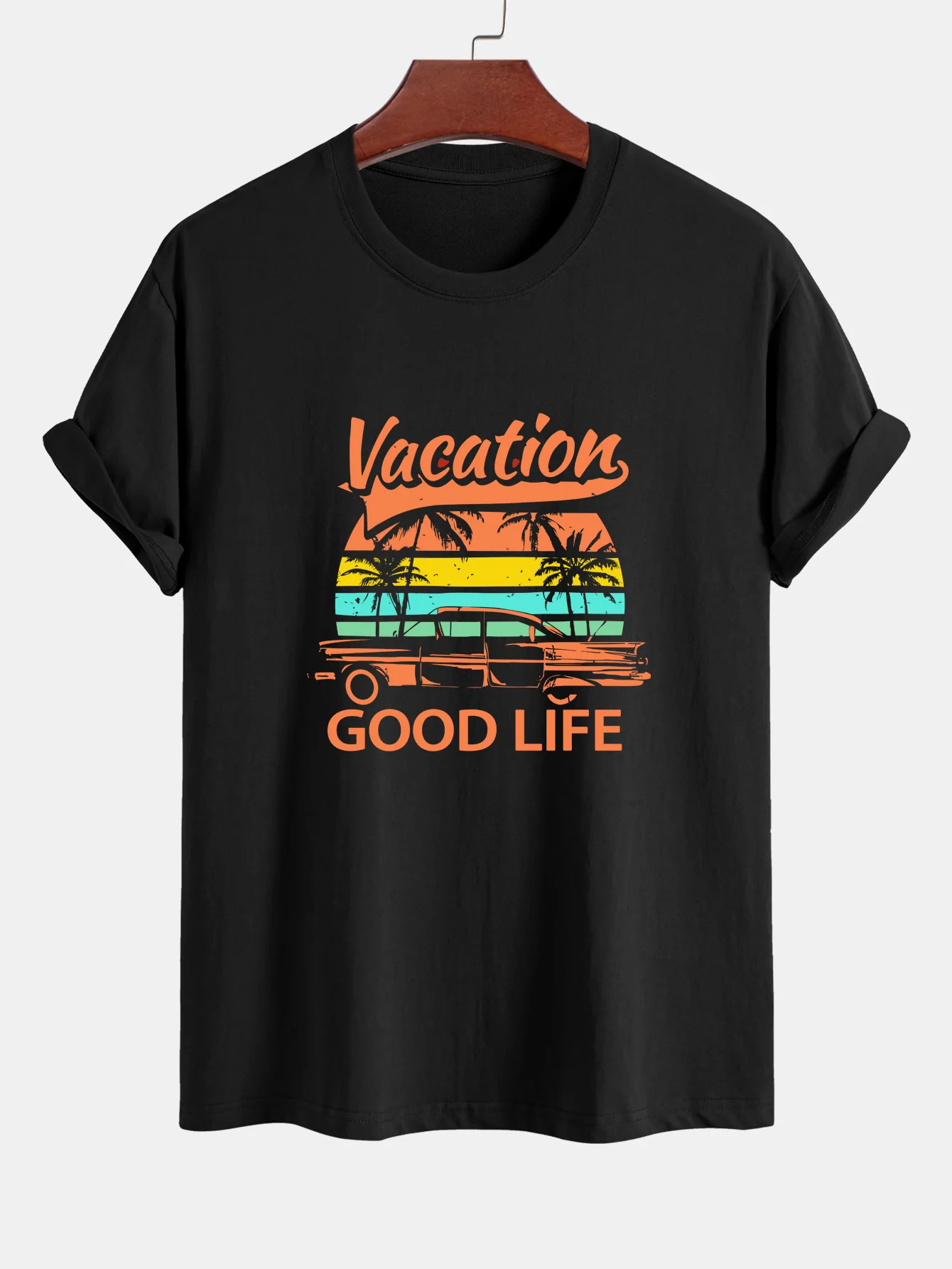 Reguläre Passform Good Life On Vacation Print Baumwoll-T-Shirt & Herren Mid-Länge Drawstring Badeshorts - Image 3