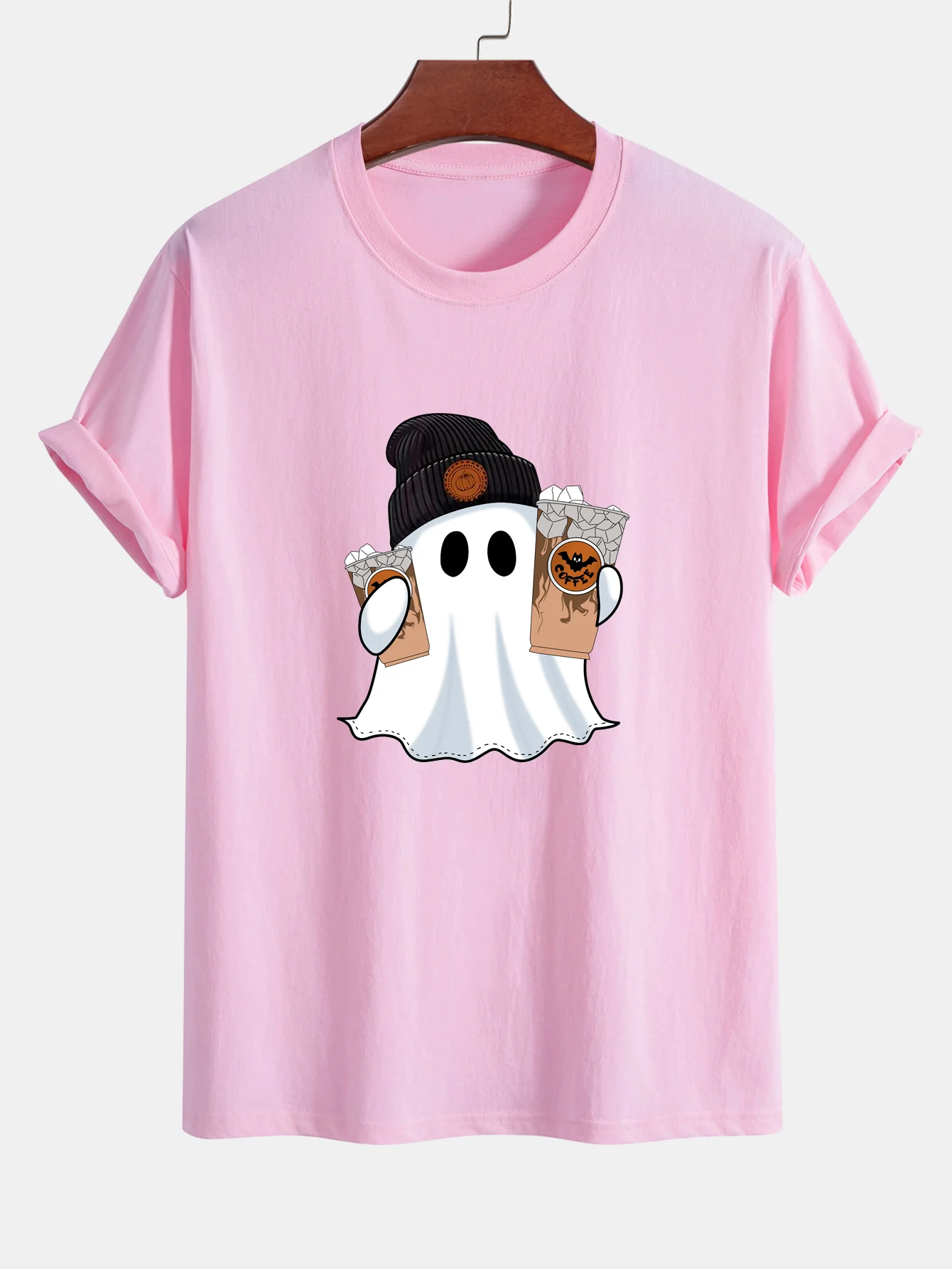 Regular Fit Halloween Geist Kaffee Druck Baumwoll-T-Shirt - Image 10