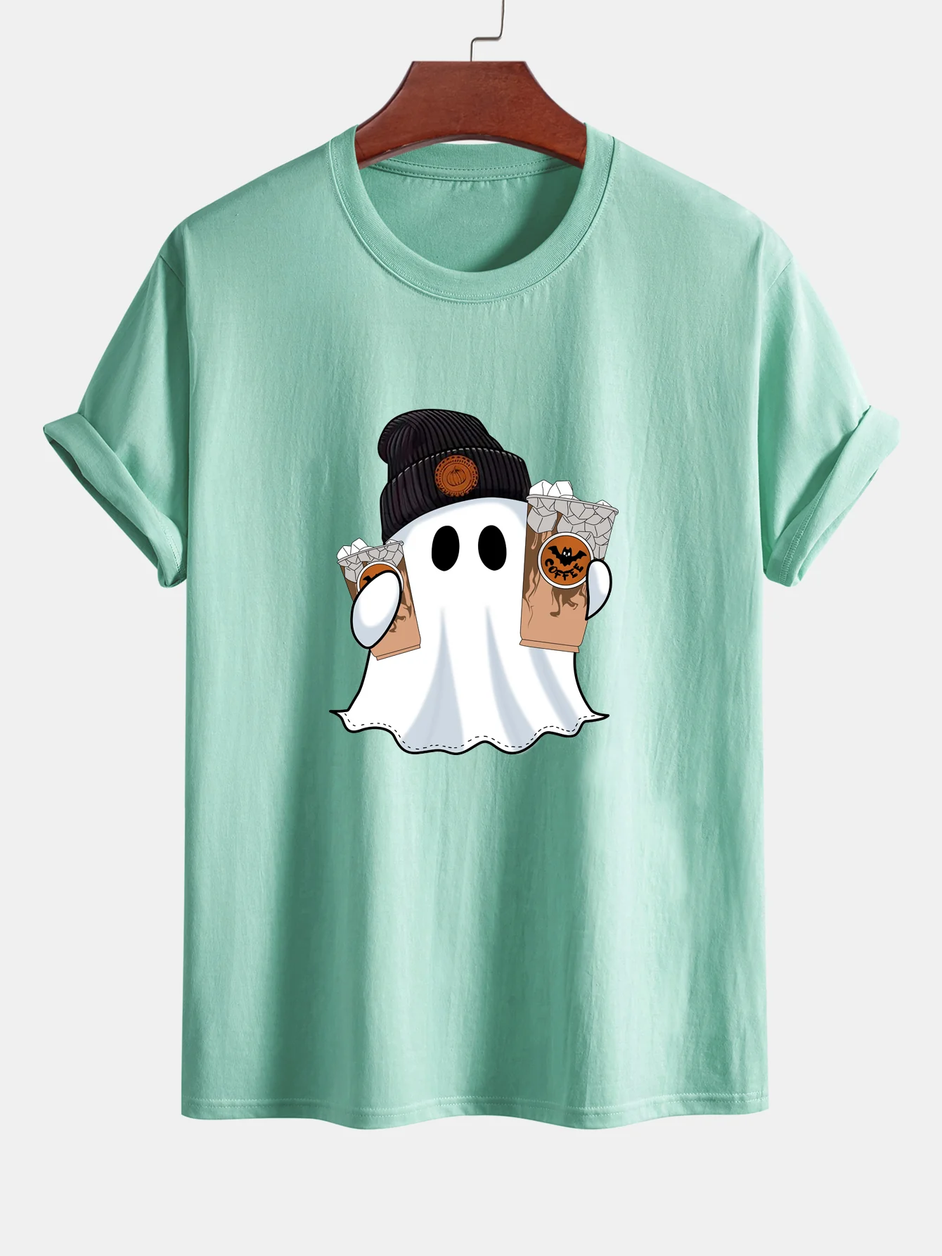 Regular Fit Halloween Geist Kaffee Druck Baumwoll-T-Shirt - Image 11