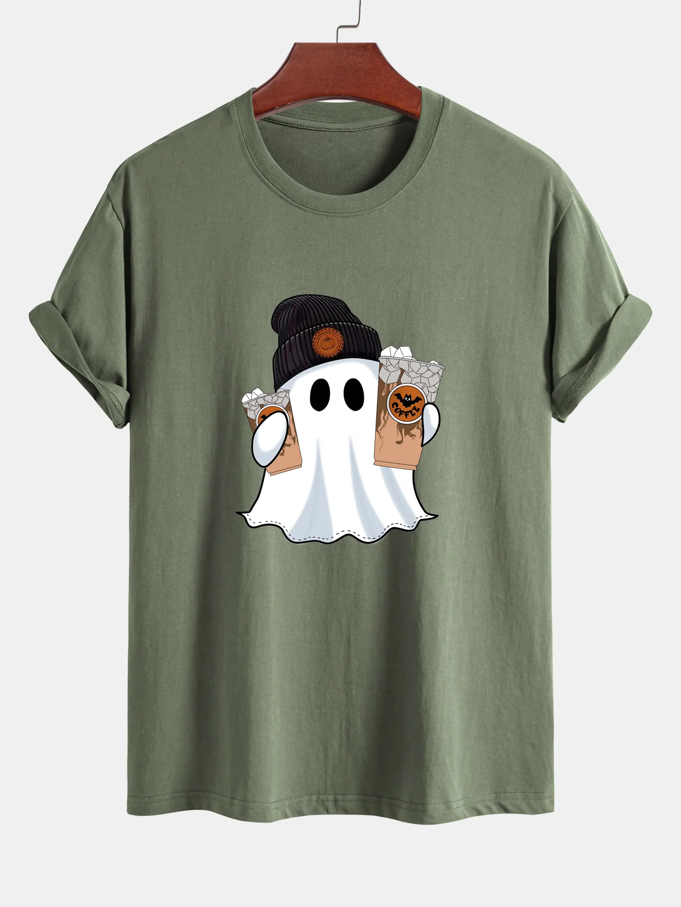 Regular Fit Halloween Geist Kaffee Druck Baumwoll-T-Shirt - Image 13