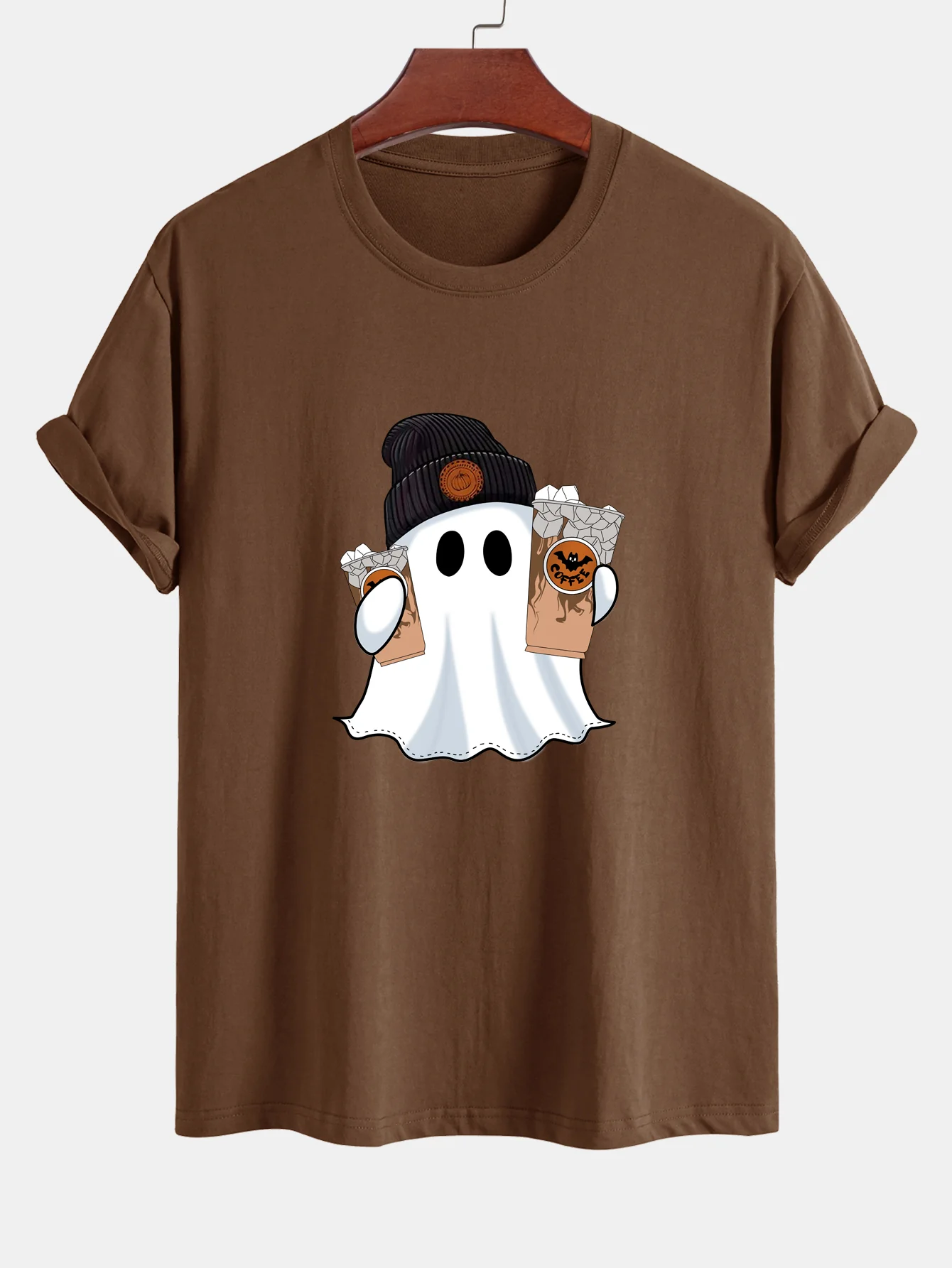Regular Fit Halloween Geist Kaffee Druck Baumwoll-T-Shirt - Image 2