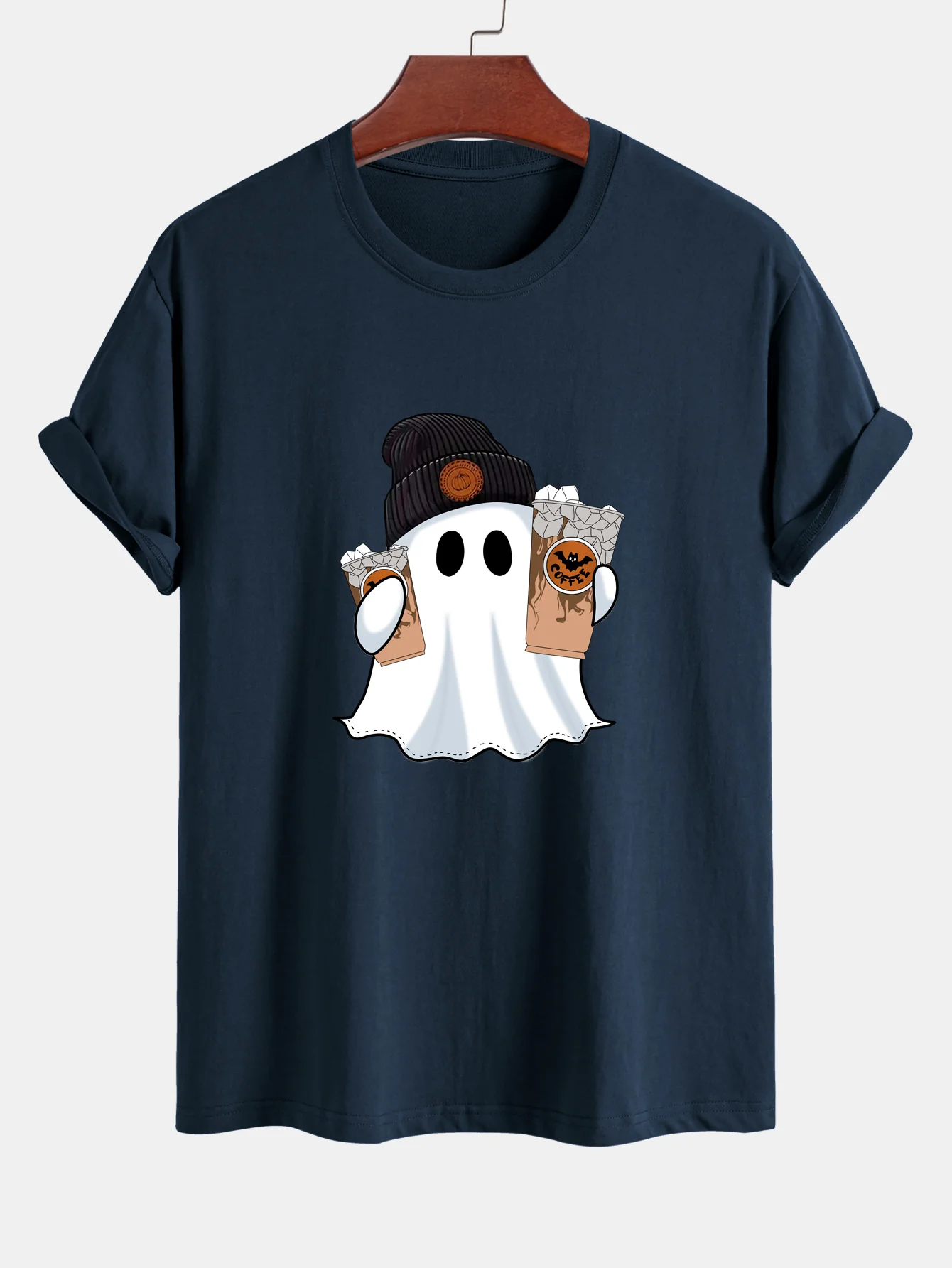 Regular Fit Halloween Geist Kaffee Druck Baumwoll-T-Shirt - Image 3