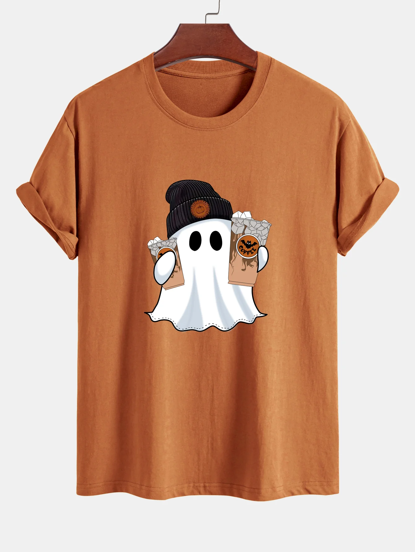 Regular Fit Halloween Geist Kaffee Druck Baumwoll-T-Shirt - Image 4