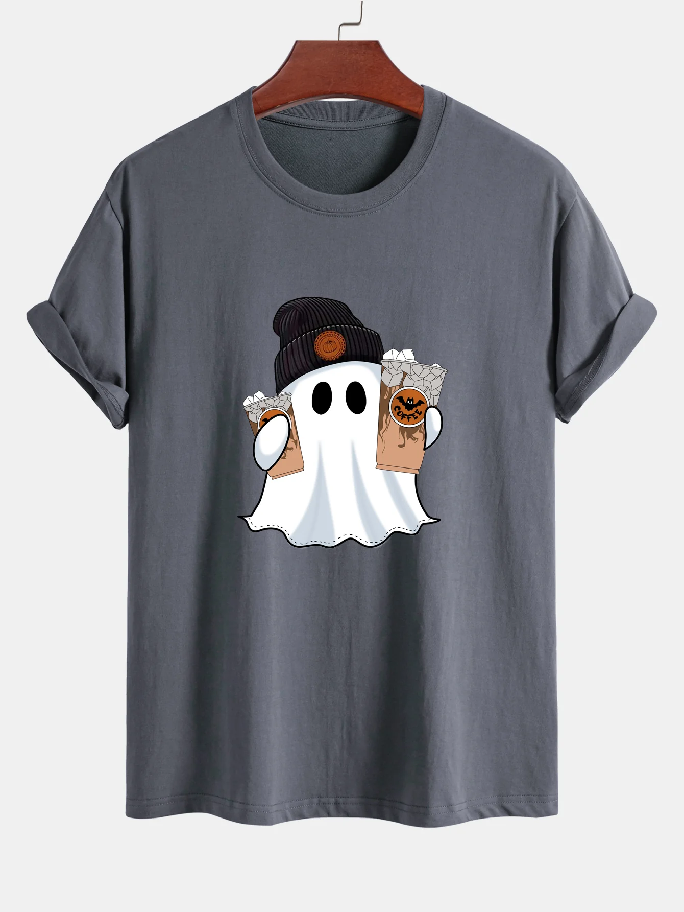 Regular Fit Halloween Geist Kaffee Druck Baumwoll-T-Shirt - Image 5