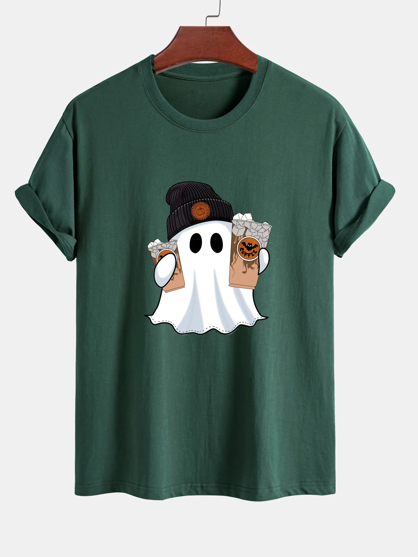 Regular Fit Halloween Geist Kaffee Druck Baumwoll-T-Shirt - Image 6