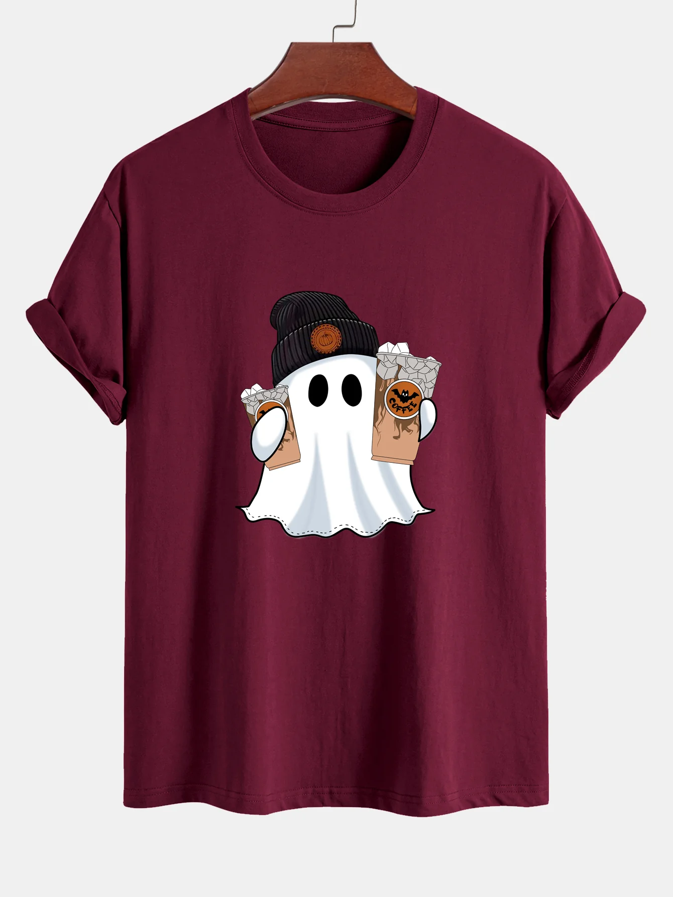 Regular Fit Halloween Geist Kaffee Druck Baumwoll-T-Shirt - Image 7