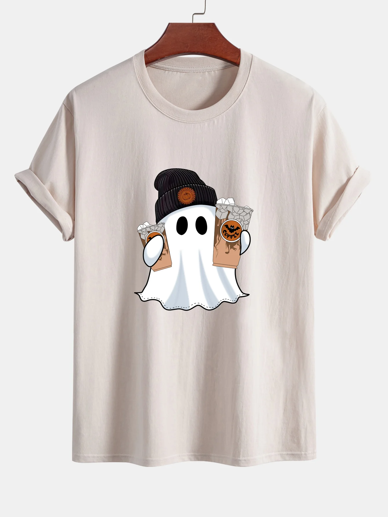 Regular Fit Halloween Geist Kaffee Druck Baumwoll-T-Shirt - Image 8