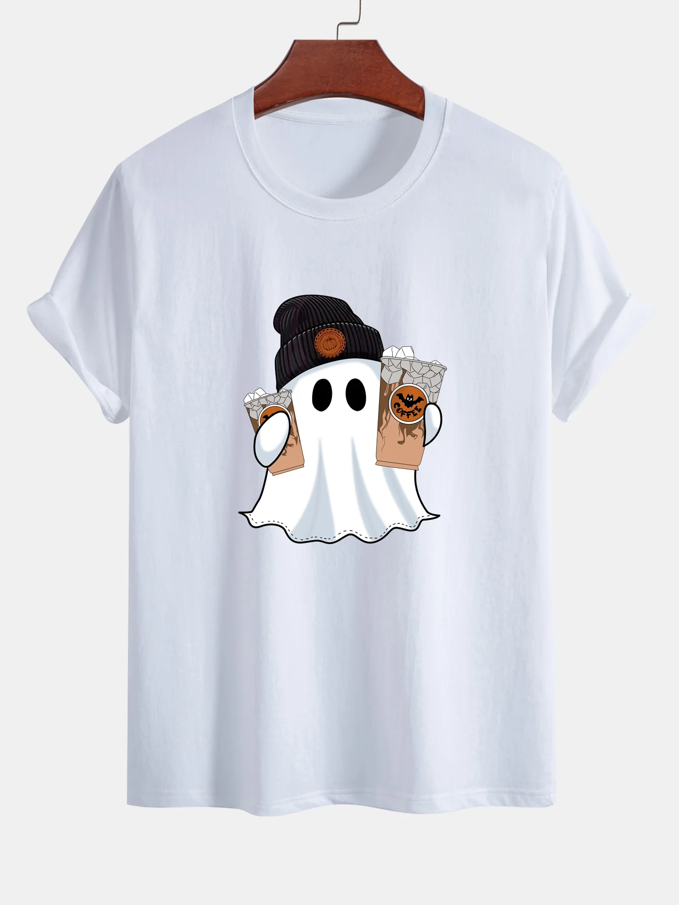Regular Fit Halloween Geist Kaffee Druck Baumwoll-T-Shirt - Image 9