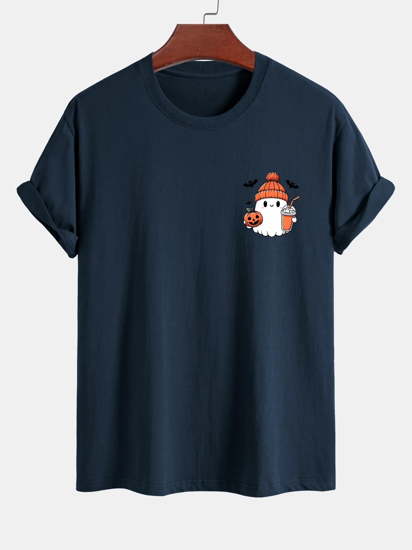 Regular Fit Halloween Geist Kürbis Druck Baumwoll T-Shirt - Image 5