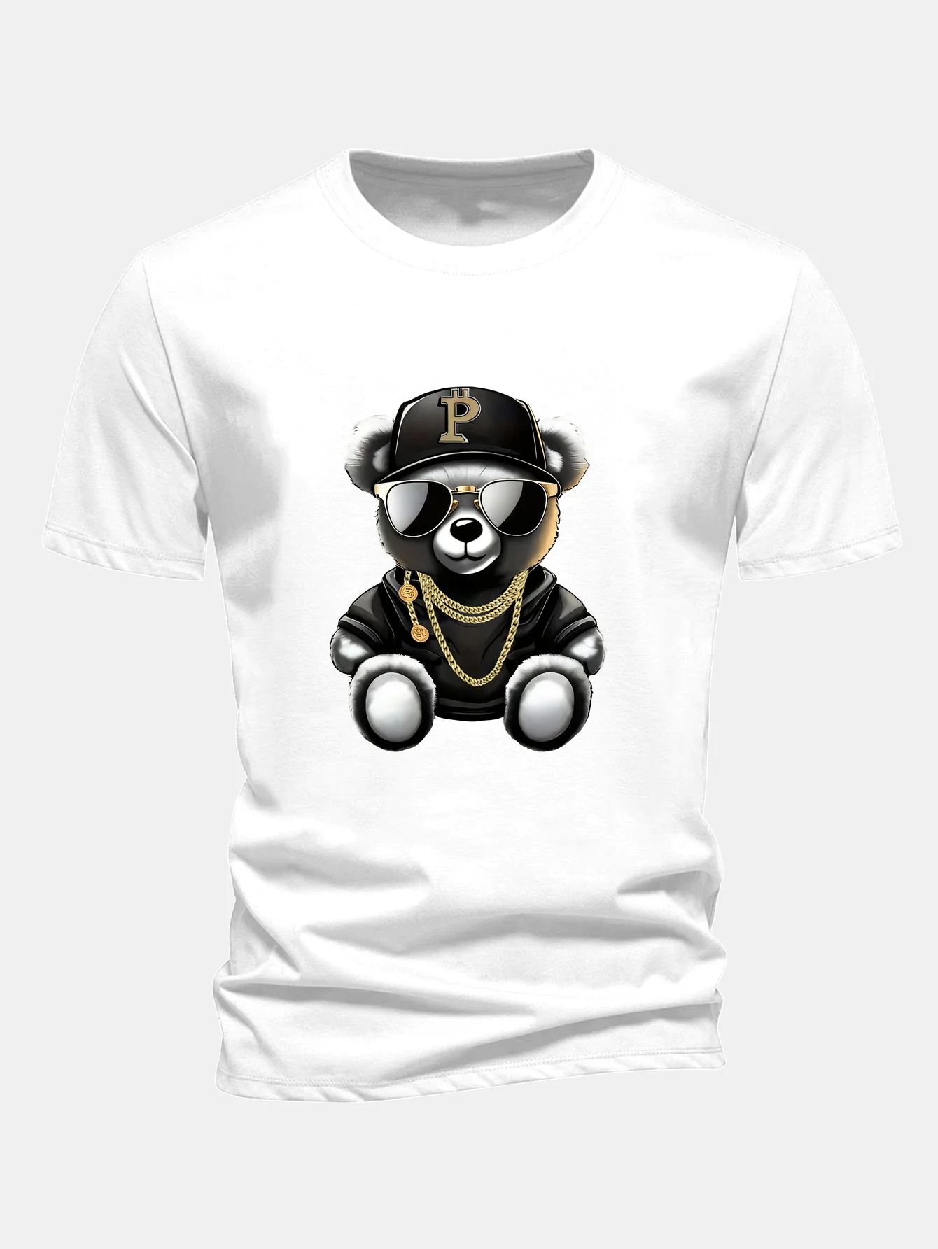Regular Fit Hip Hop Bär Druck Baumwoll T-Shirt