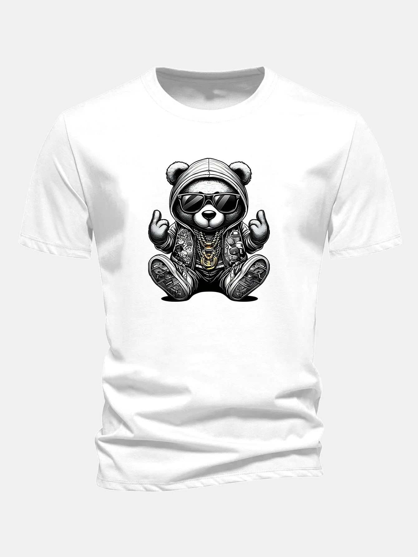 Regular Fit Hip Hop Bear Print Cotton T-Shirt - Image 11