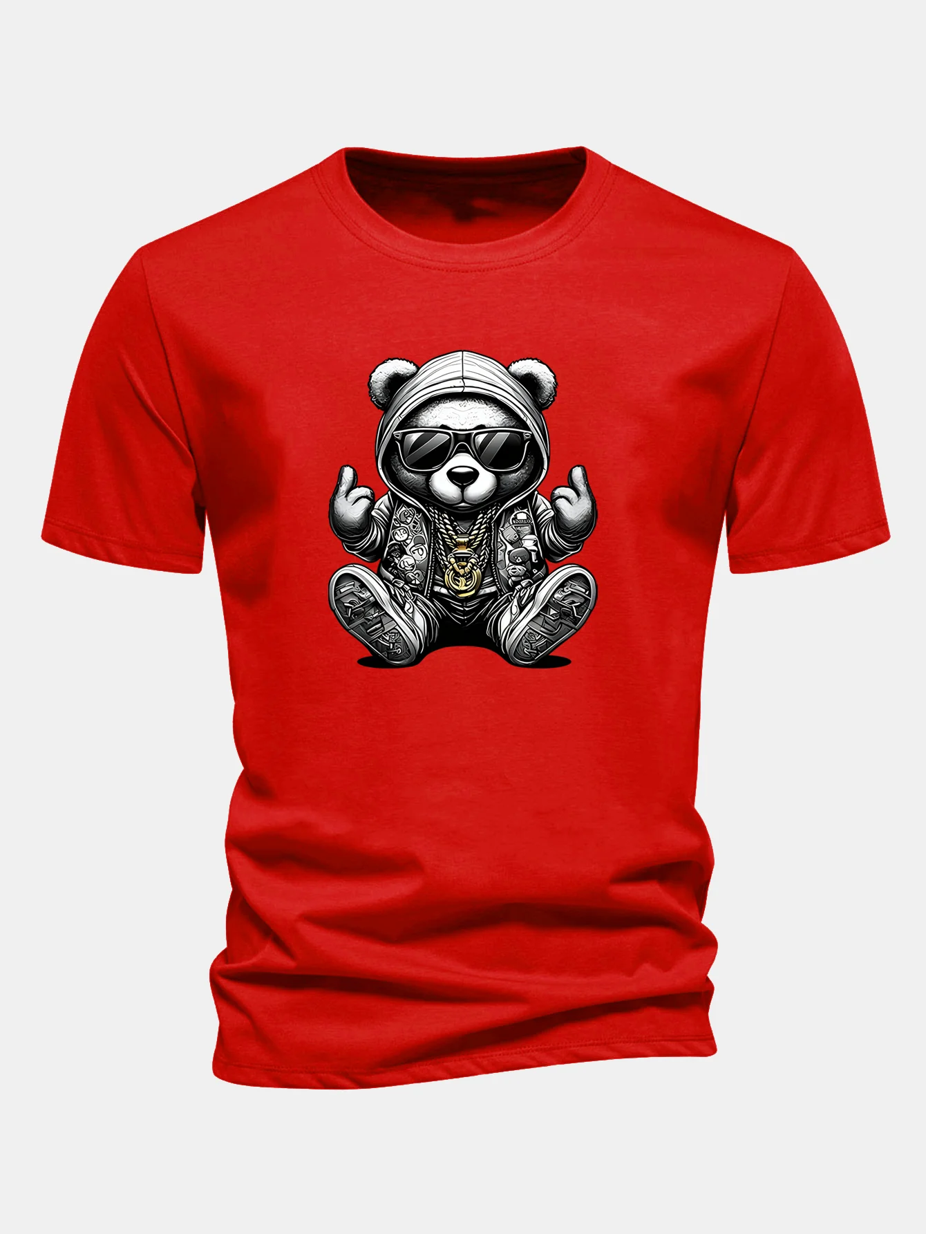 Regular Fit Hip Hop Bear Print Cotton T-Shirt - Image 12