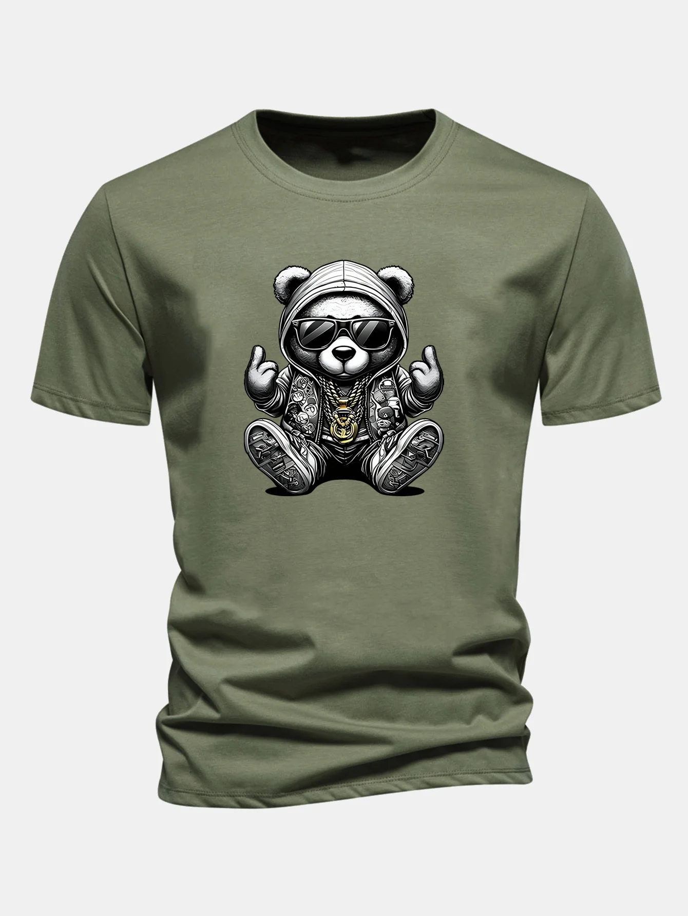 Regular Fit Hip Hop Bear Print Cotton T-Shirt - Image 4