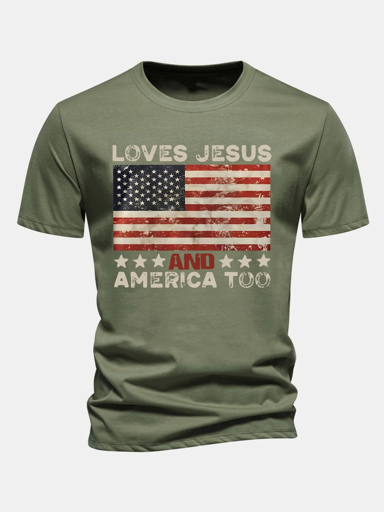 Regular Fit Jesus American Flag Slogan Print Baumwoll-T-Shirt