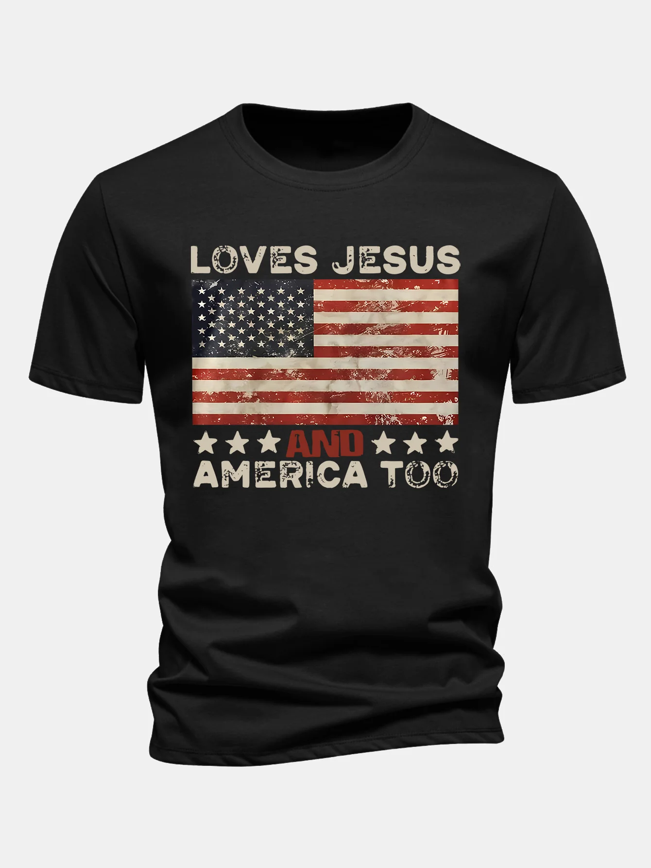 Regular Fit Jesus American Flag Slogan Print Baumwoll-T-Shirt - Image 2
