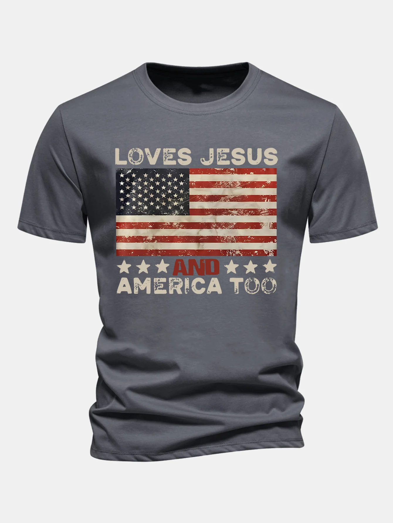 Regular Fit Jesus American Flag Slogan Print Baumwoll-T-Shirt - Image 3