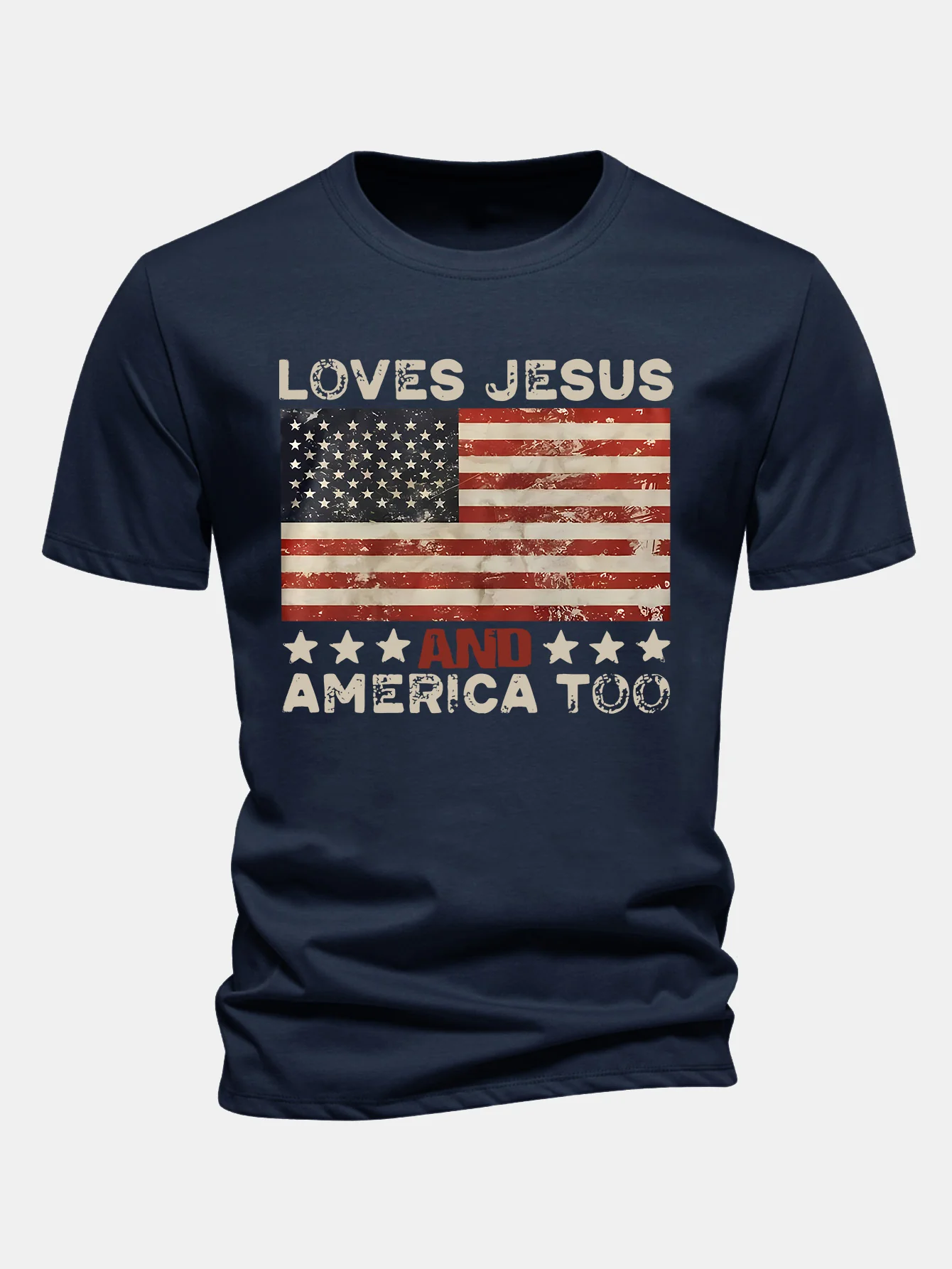 Regular Fit Jesus American Flag Slogan Print Baumwoll-T-Shirt - Image 9