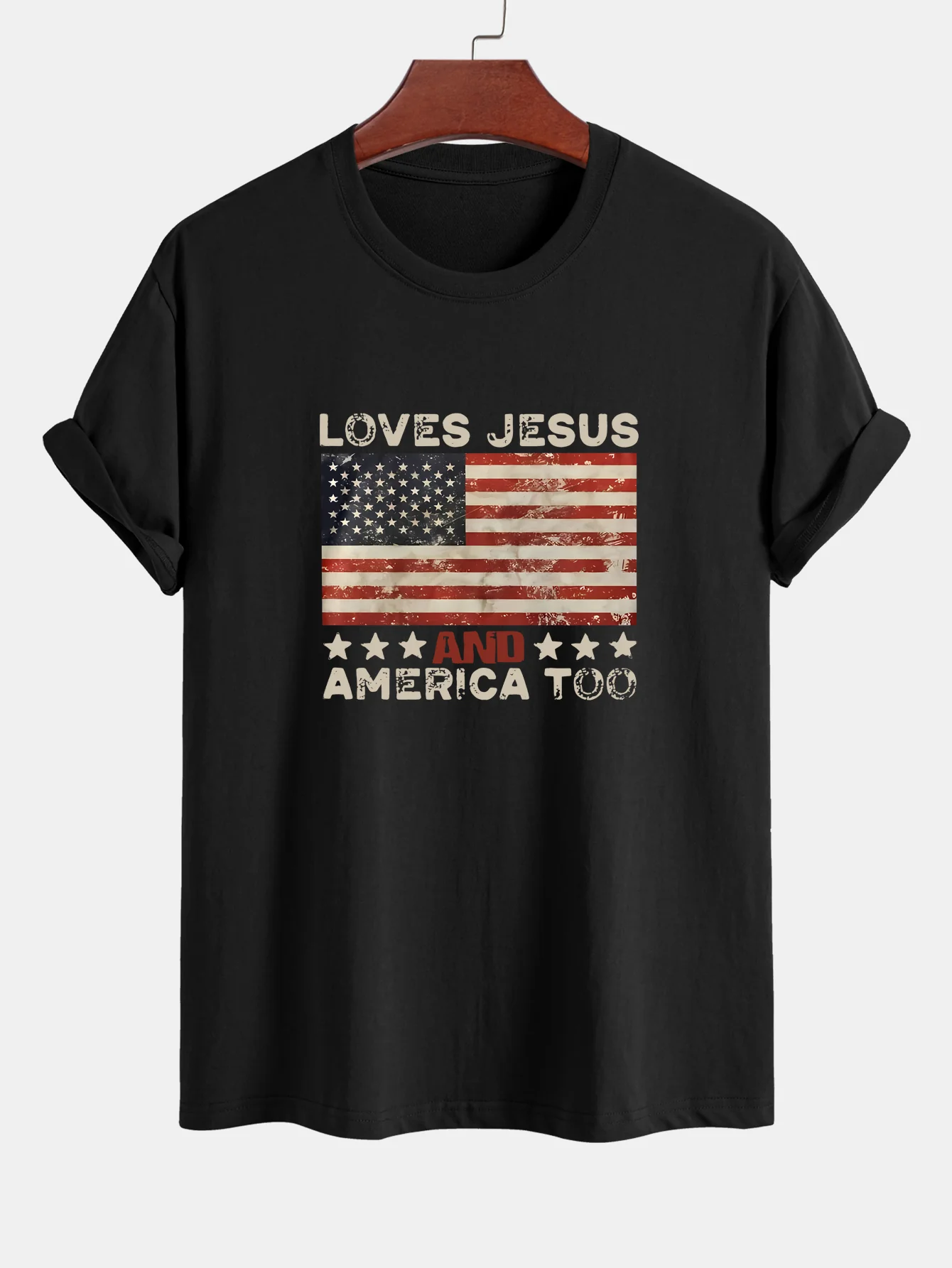 Regular Fit Jesus American Flag Slogan Print Baumwoll-T-Shirt
