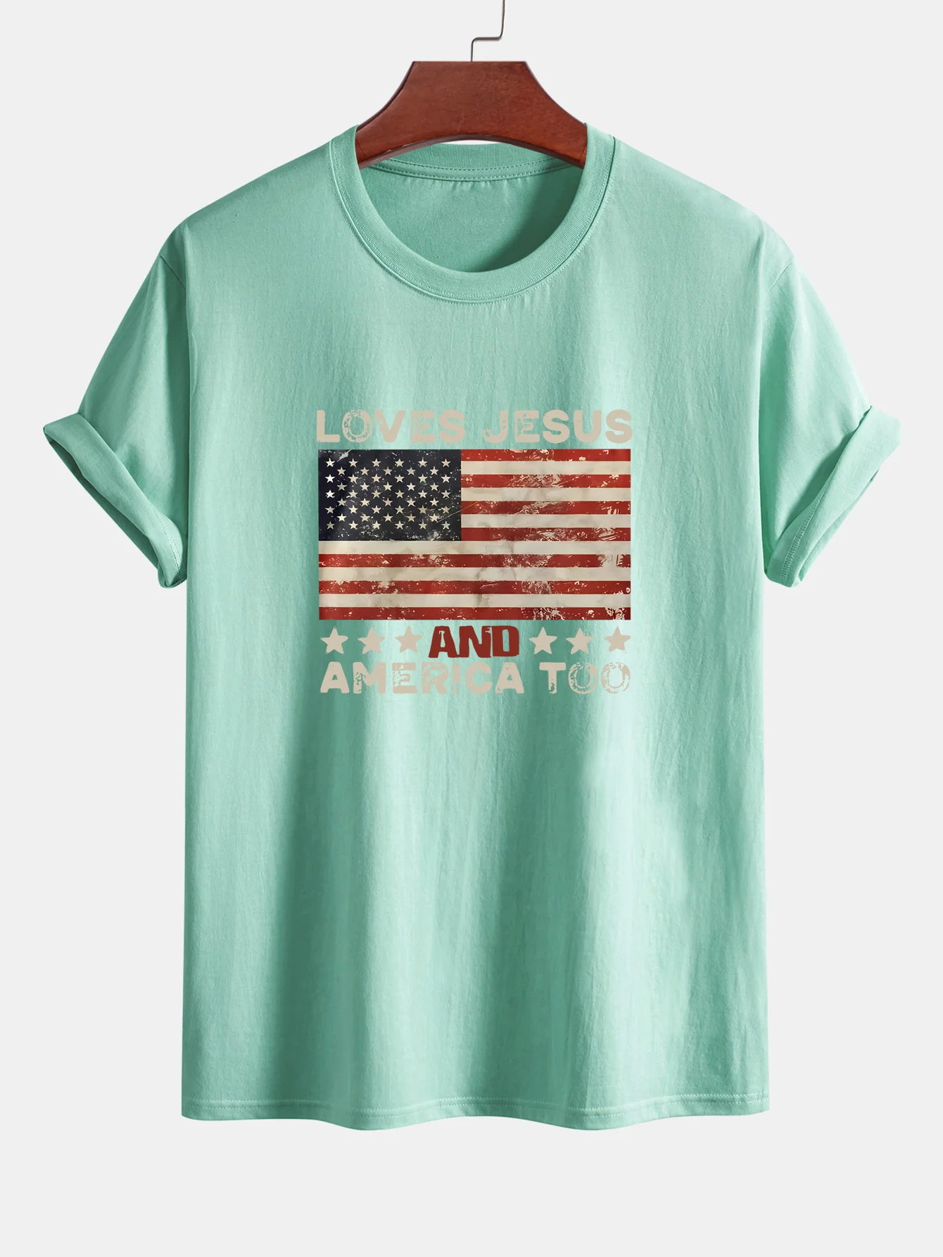 Regular Fit Jesus American Flag Slogan Print Baumwoll-T-Shirt - Image 12