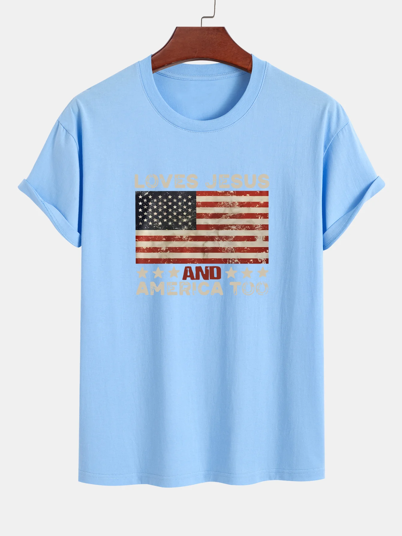 Regular Fit Jesus American Flag Slogan Print Baumwoll-T-Shirt - Image 13
