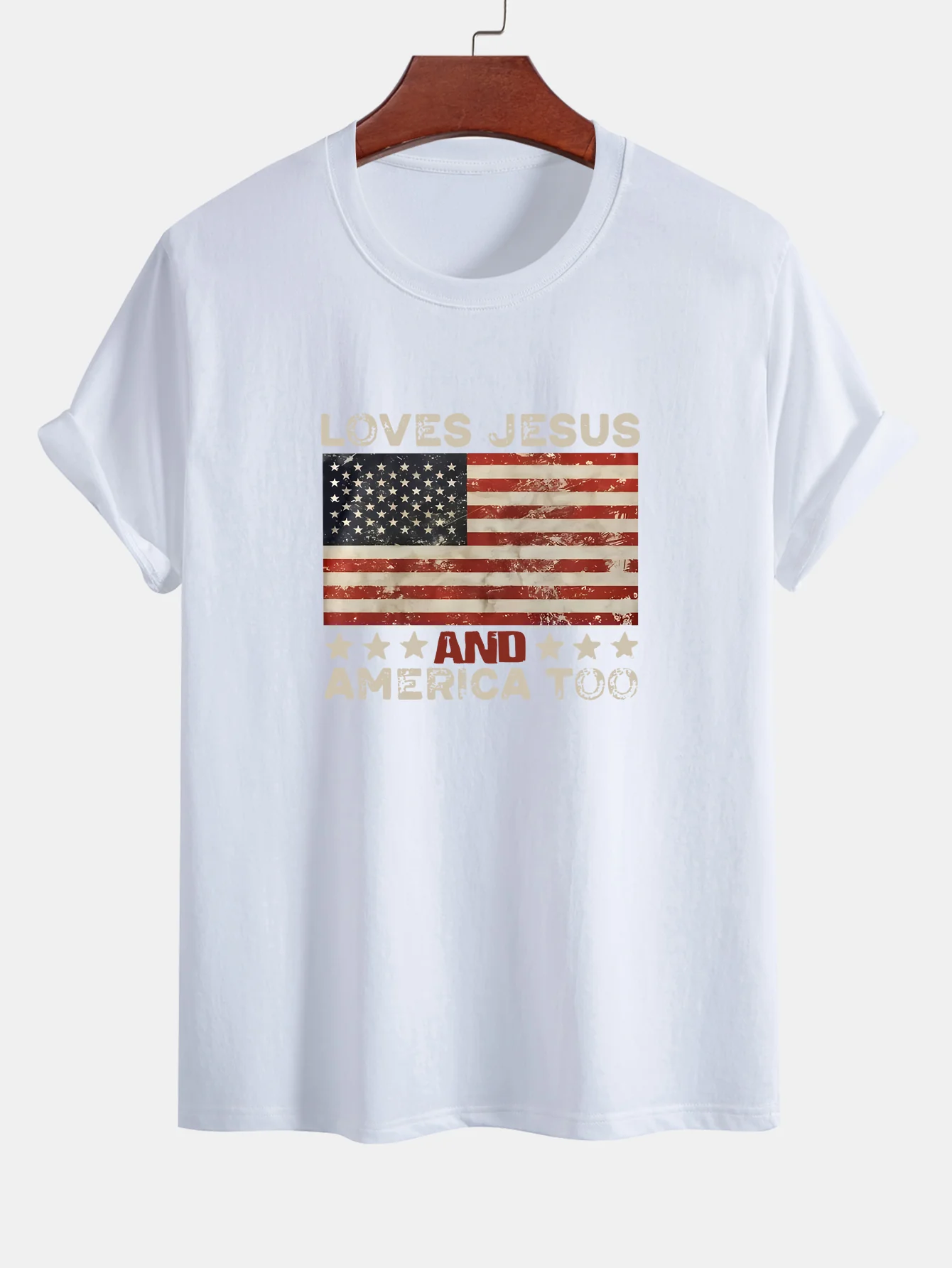 Regular Fit Jesus American Flag Slogan Print Baumwoll-T-Shirt - Image 2