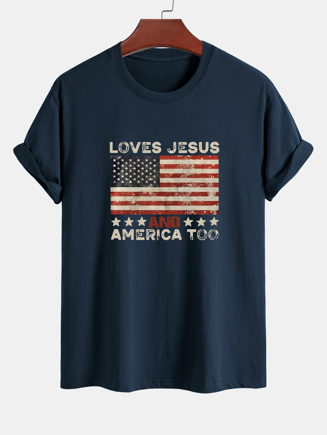 Regular Fit Jesus American Flag Slogan Print Baumwoll-T-Shirt - Image 4