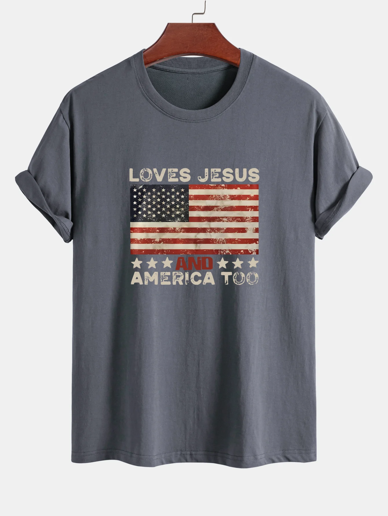 Regular Fit Jesus American Flag Slogan Print Baumwoll-T-Shirt - Image 6