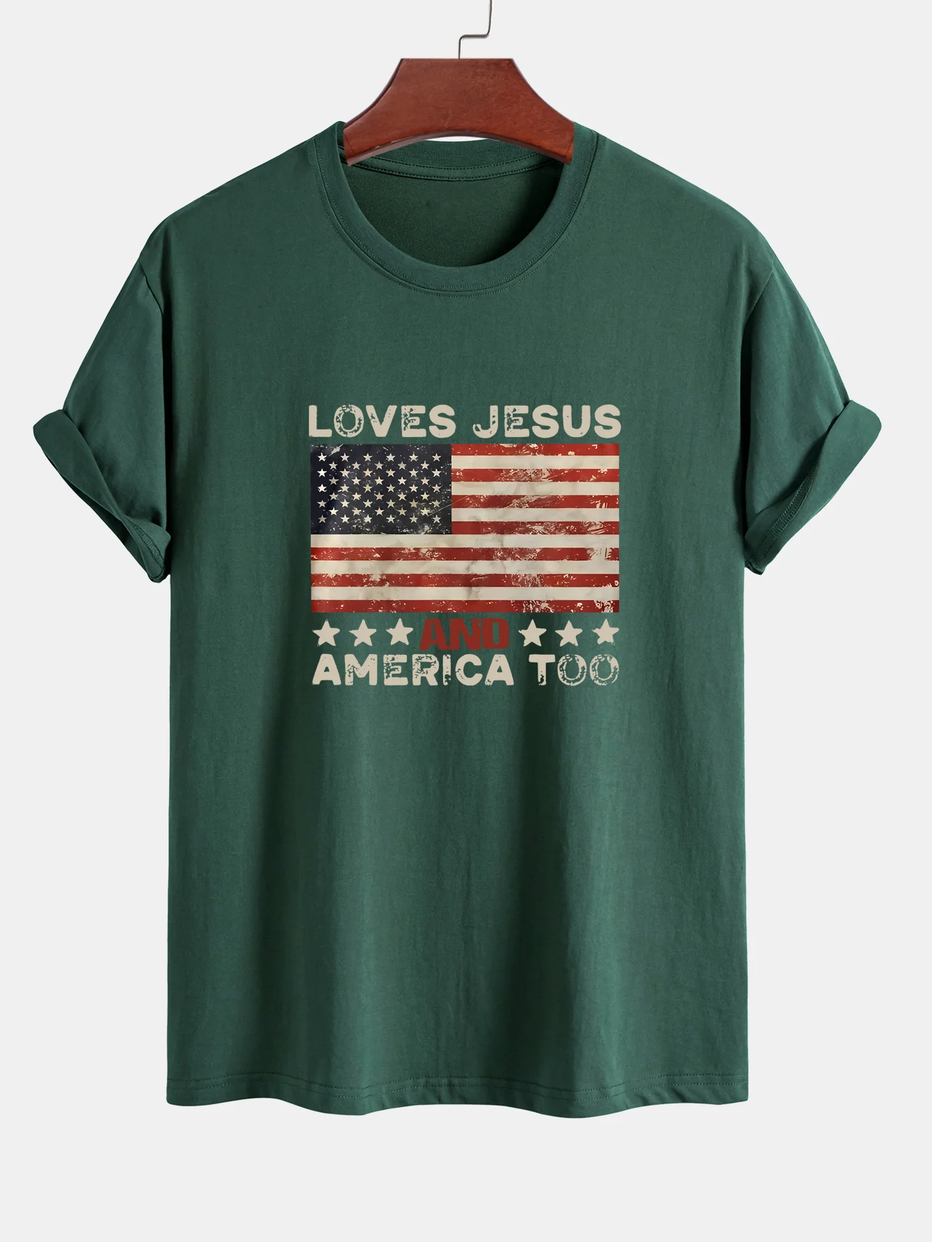 Regular Fit Jesus American Flag Slogan Print Baumwoll-T-Shirt - Image 7
