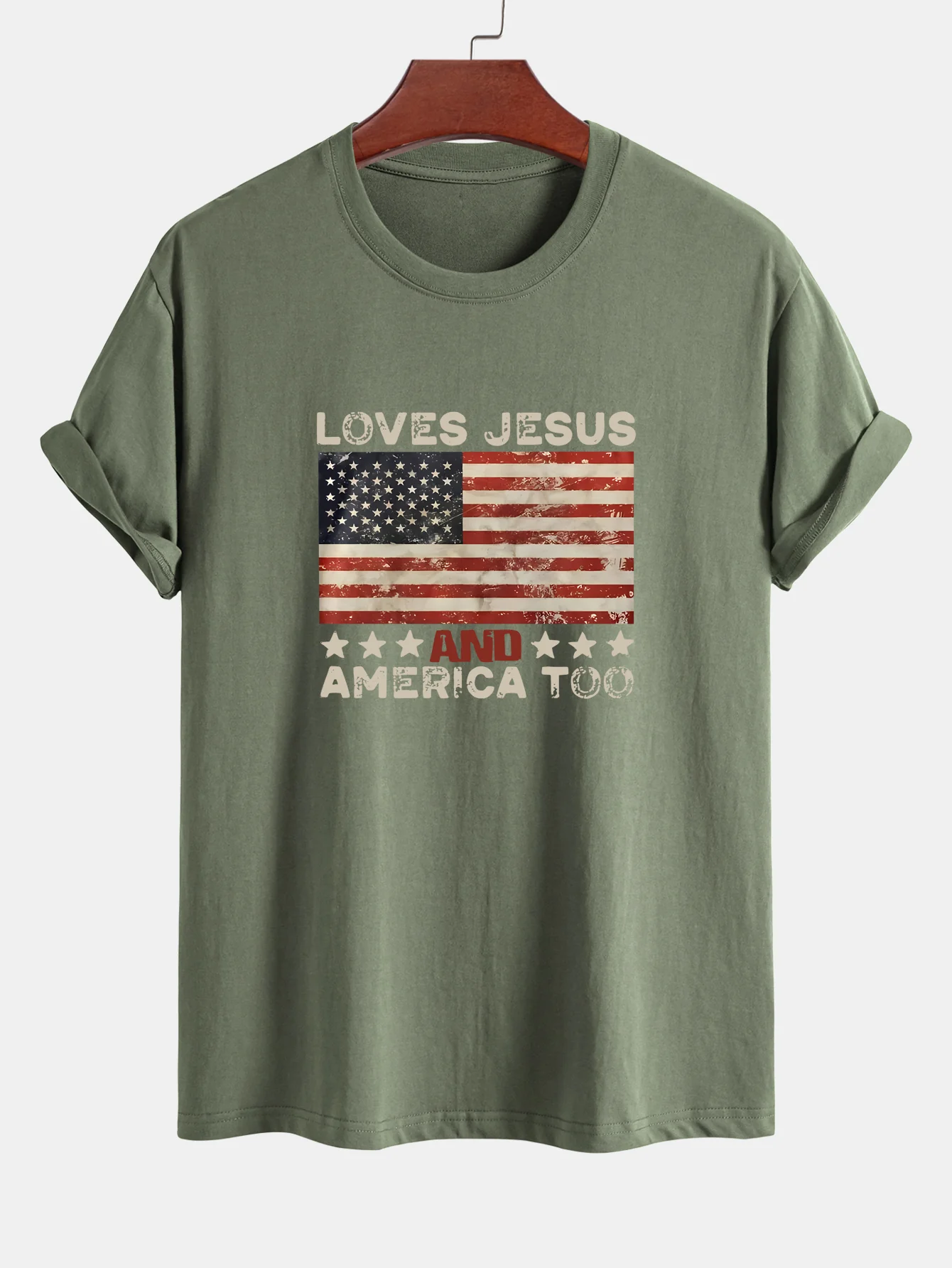 Regular Fit Jesus American Flag Slogan Print Baumwoll-T-Shirt - Image 8